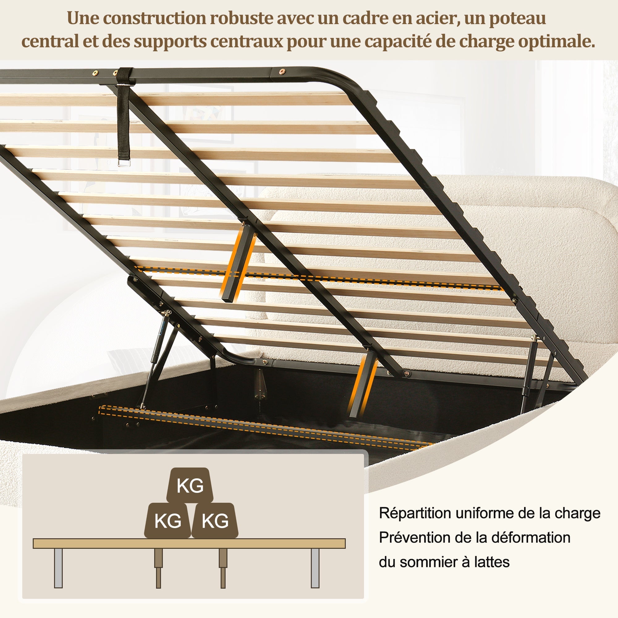 Upholstered Double Bed 140x190cm Hydraulic Storage Slatted Base Beige Bouclé