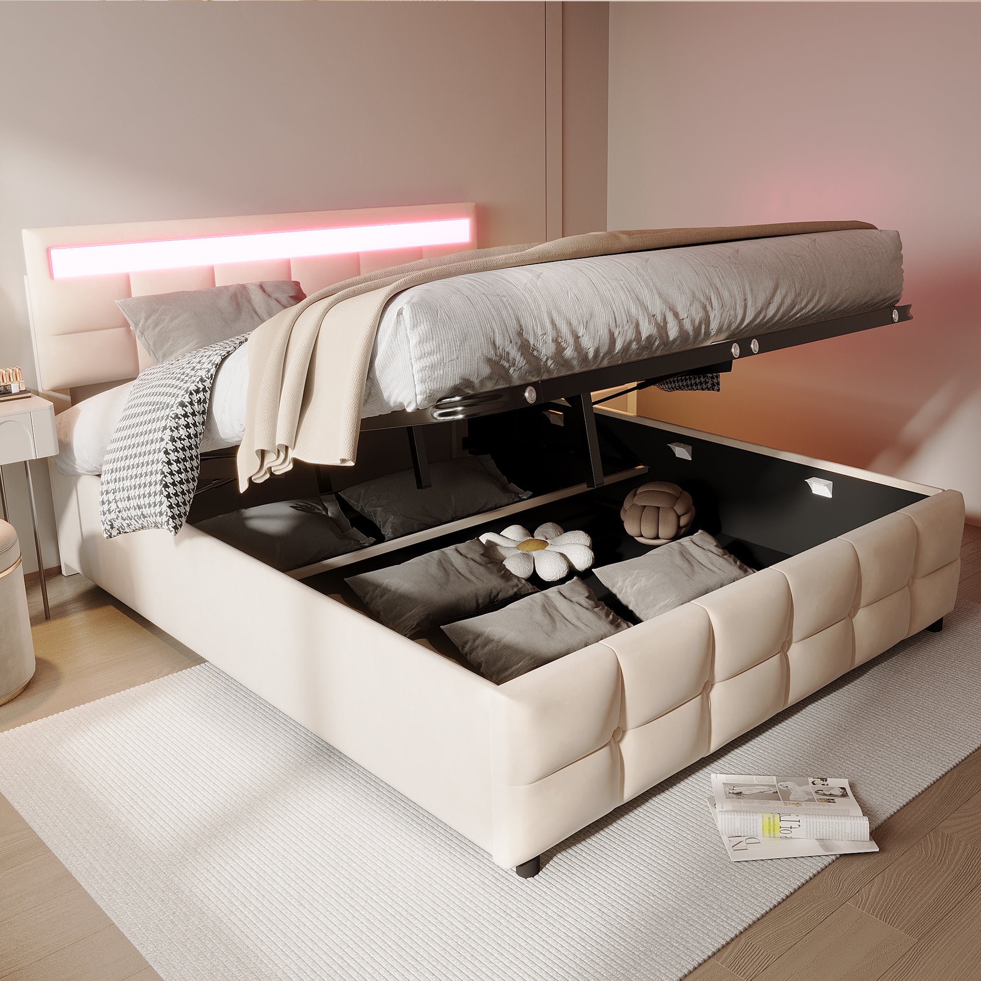 Upholstered Bed 180x200cm LED Hydraulic Slatted Frame, Dutch Velvet Beige