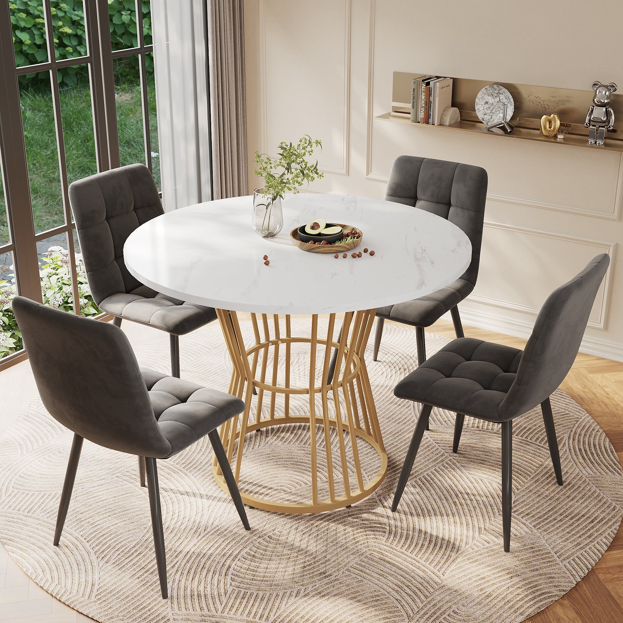 Dining Table Set, 5-Piece Round with Golden Metal Legs, White MDF Top & Gray Velvet Chairs