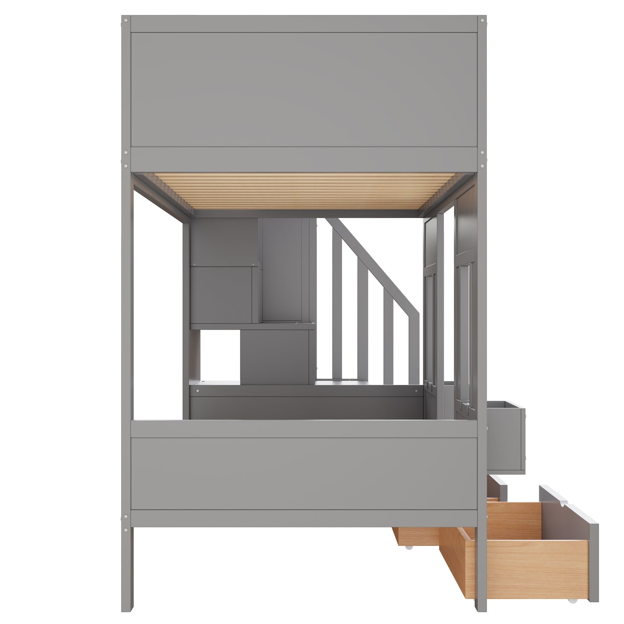 Bunk Bed with Storage Stairs, Drawers, Windows and Safety Railing, 90x200cm, Wood