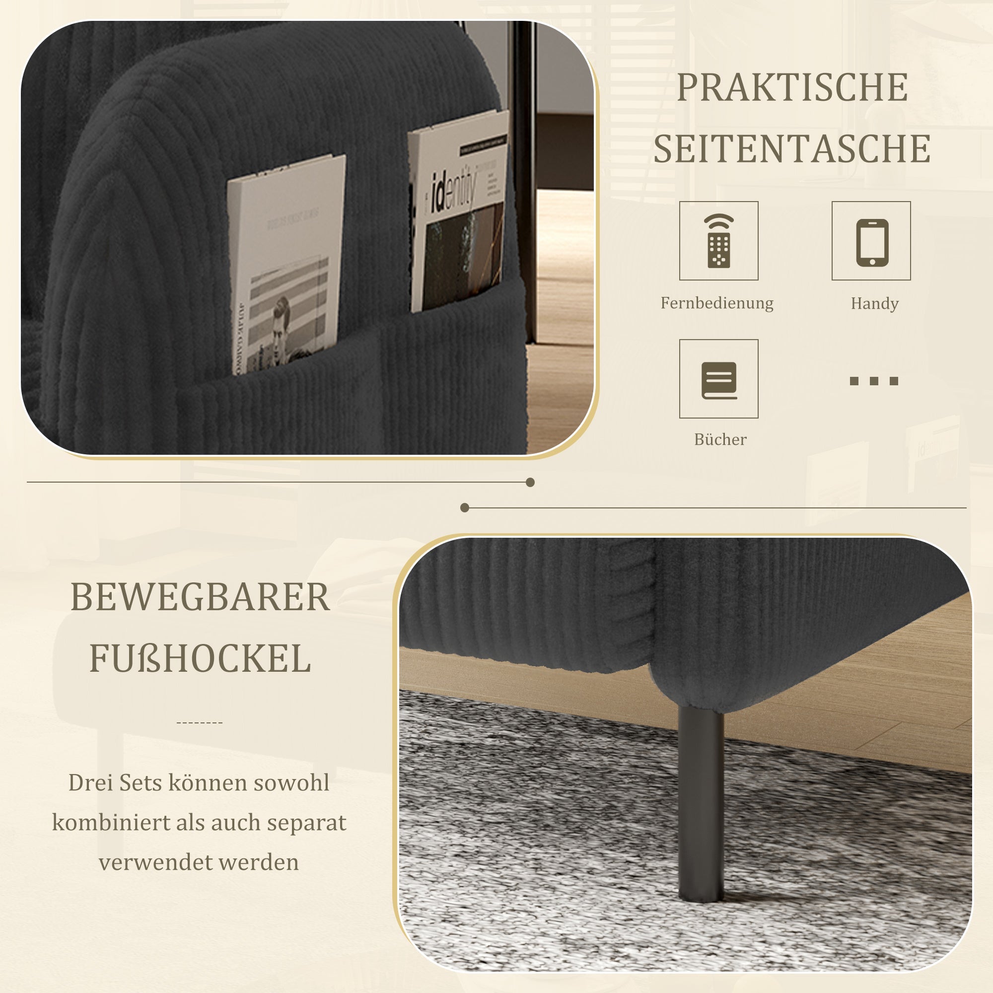 Sofa/Chair with Side Pockets, Comfortable Solid Structure, Velvet Fabric