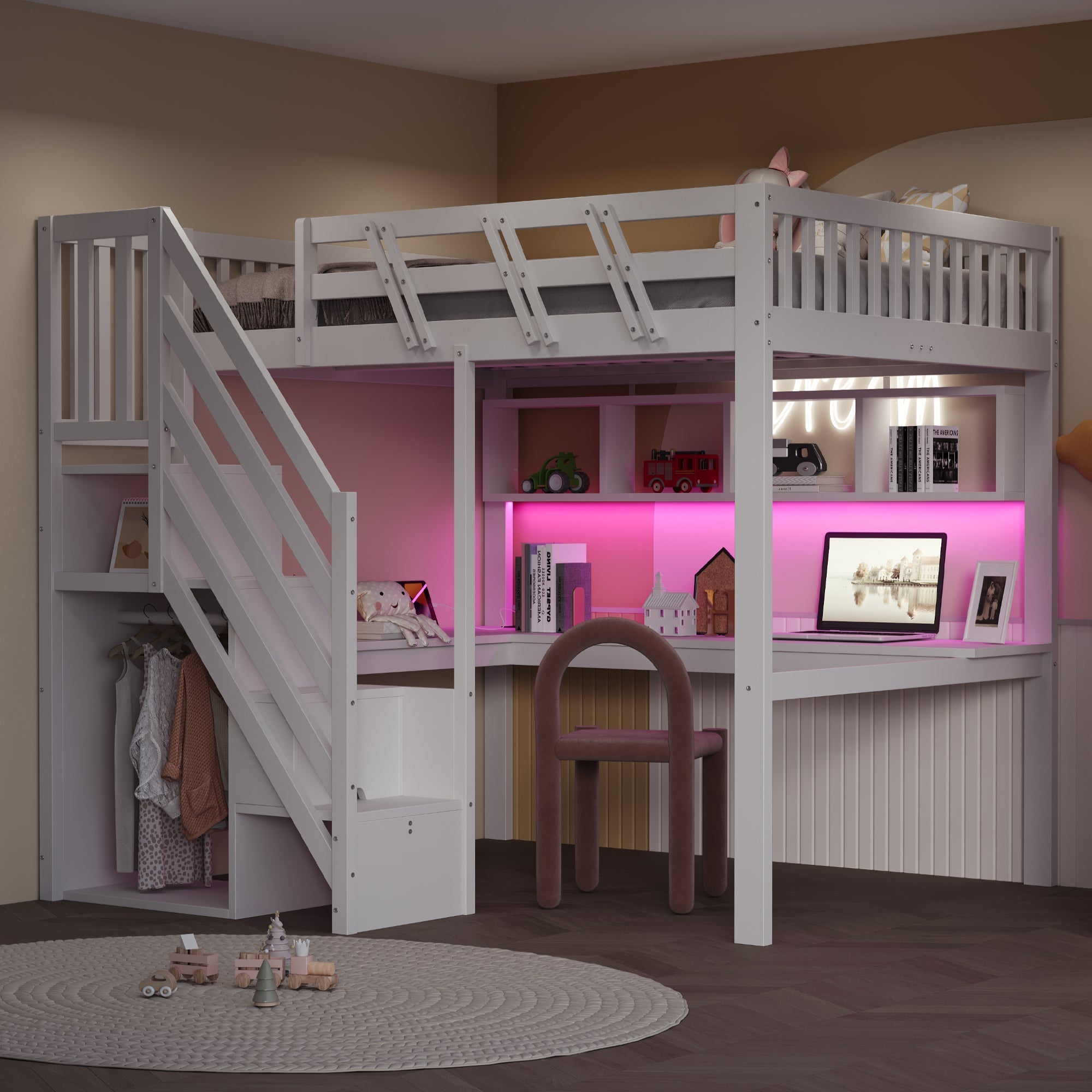 Solid Wood Loft Bed 140x200 with Desk, Storage Stairs, USB and LED, White