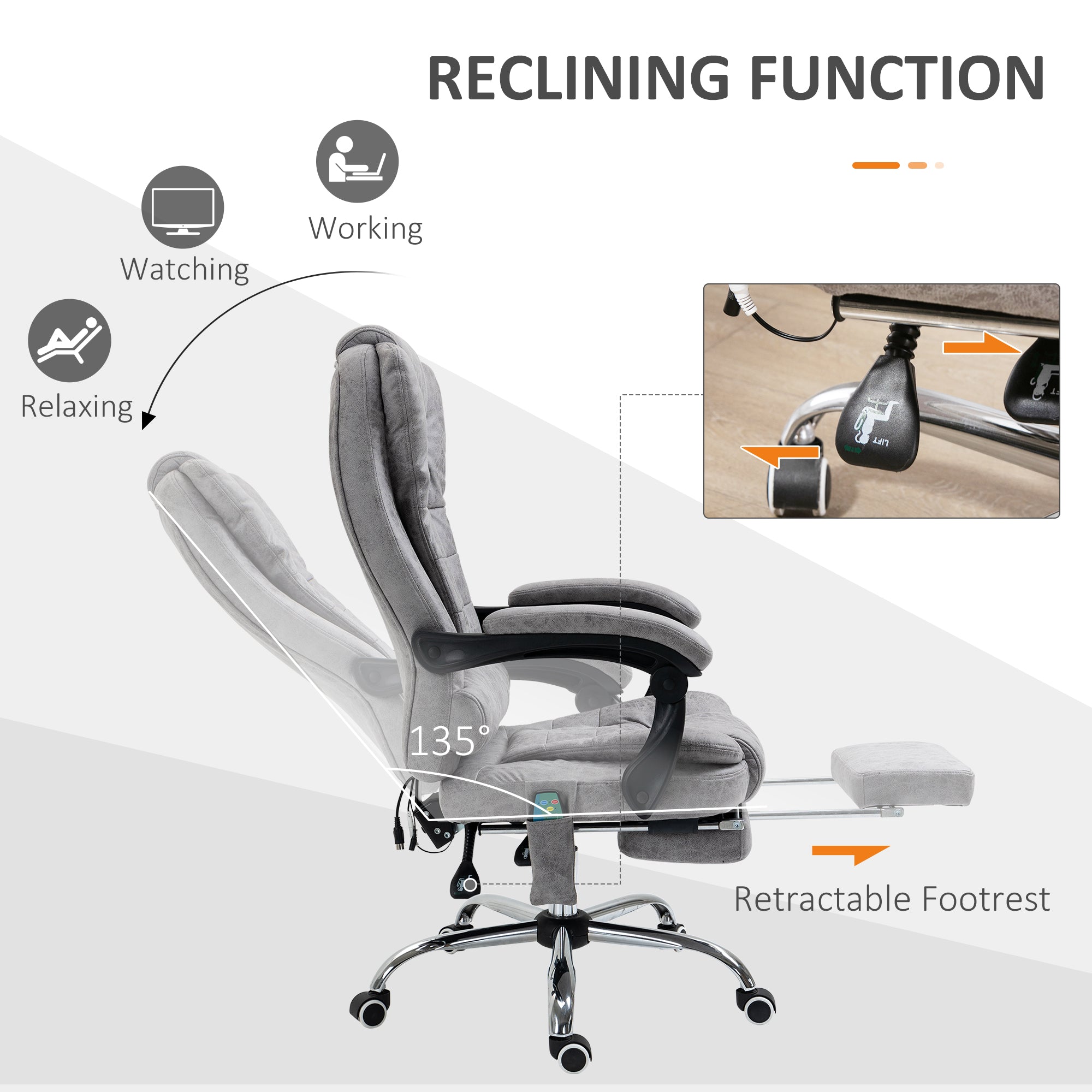 Executive Office Chair, Heated 6-Point Vibration Massage Swivel Recliner with Footrest, Grey