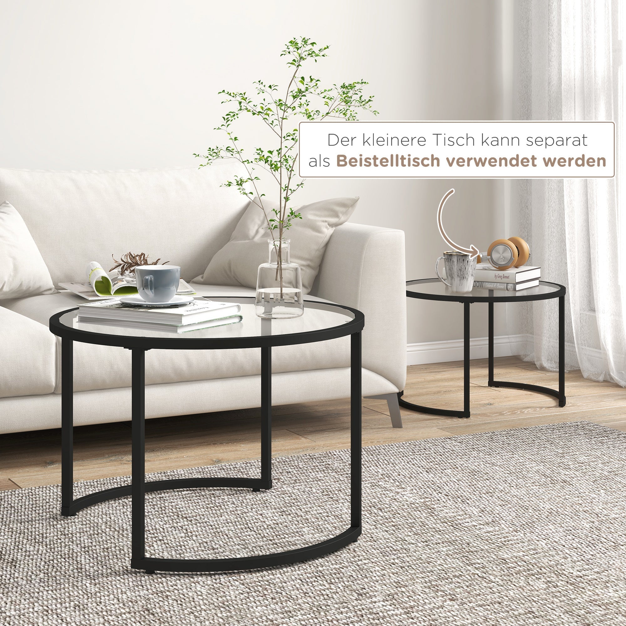 Couchtisch-Set 2-teilig, stapelbare Beistelltische, Stahl Schwarz & Sicherheitsglas