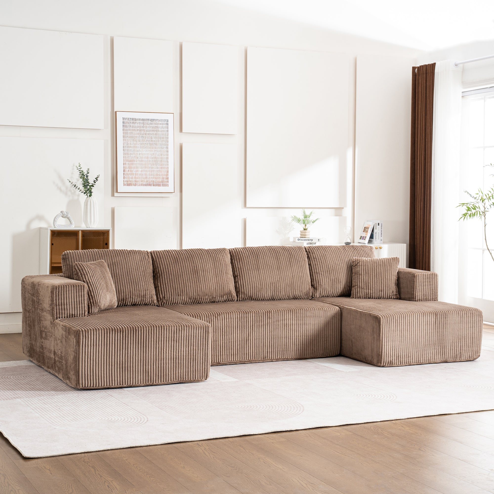 Modern U-Type Leisure Sofa with Modular Non-Assemble Design and Lounge Chairs, Lamp Fabric