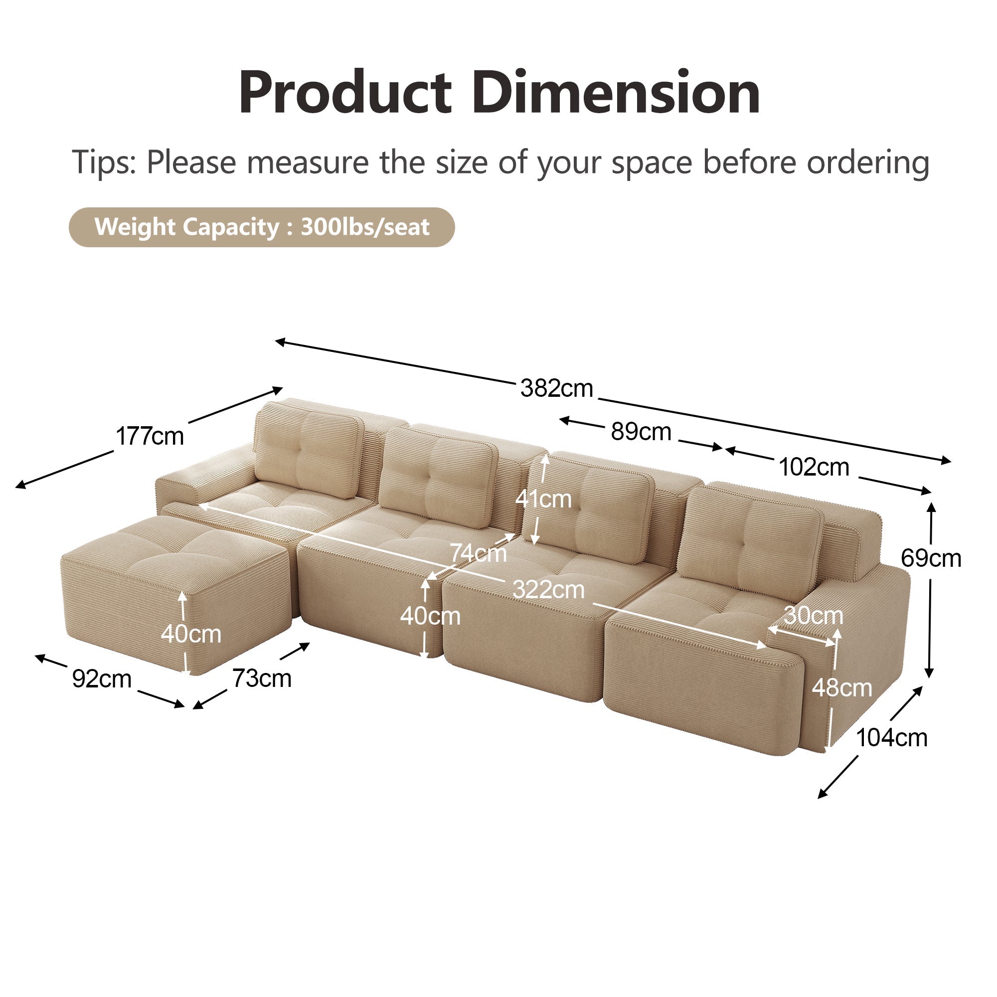 Boneless Modular Sofa L-Shaped Chaise 4-Seater Deep-Seat - Corduroy Beige