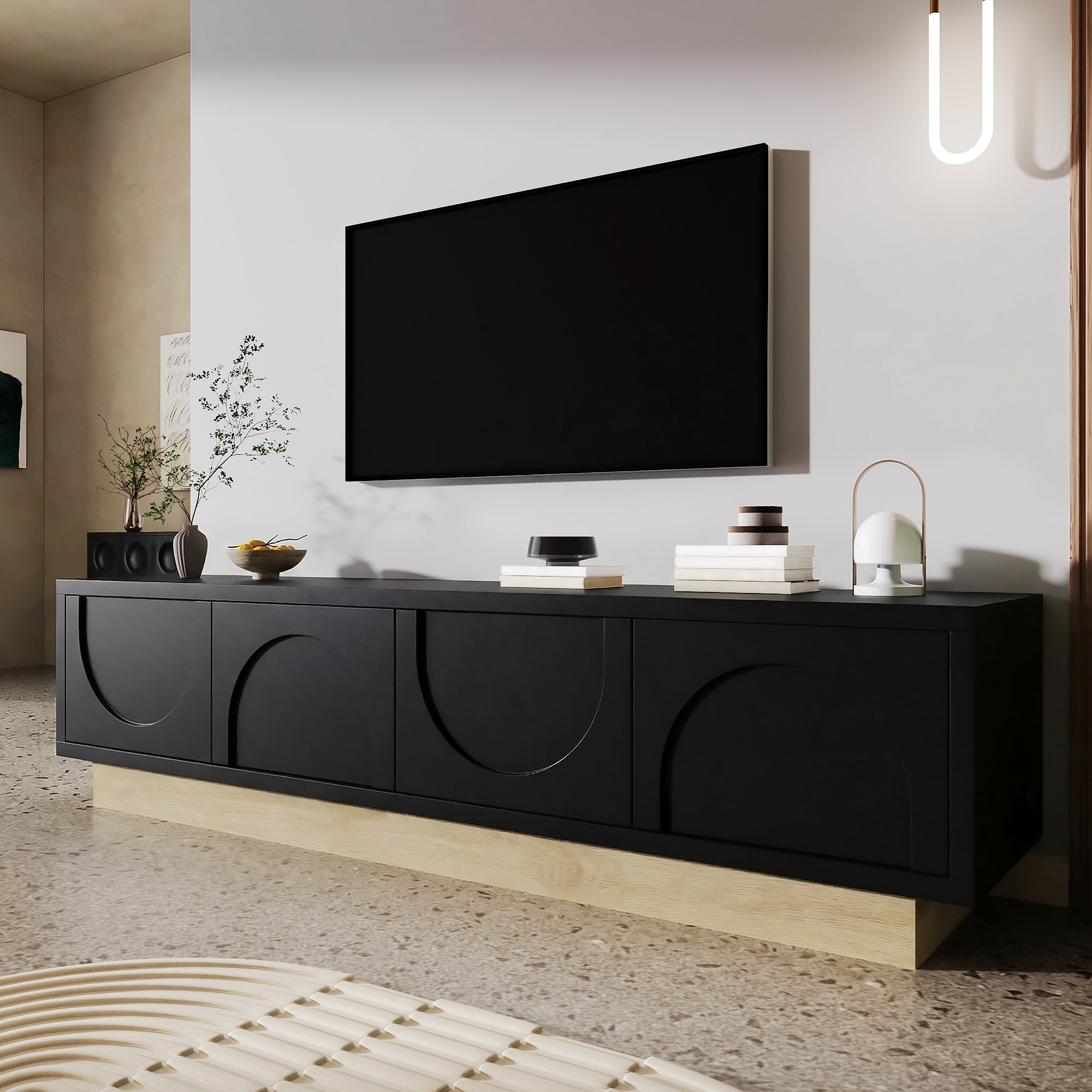 TV Stand with Storage and Cable Management, 175cm, Black Wood Grain