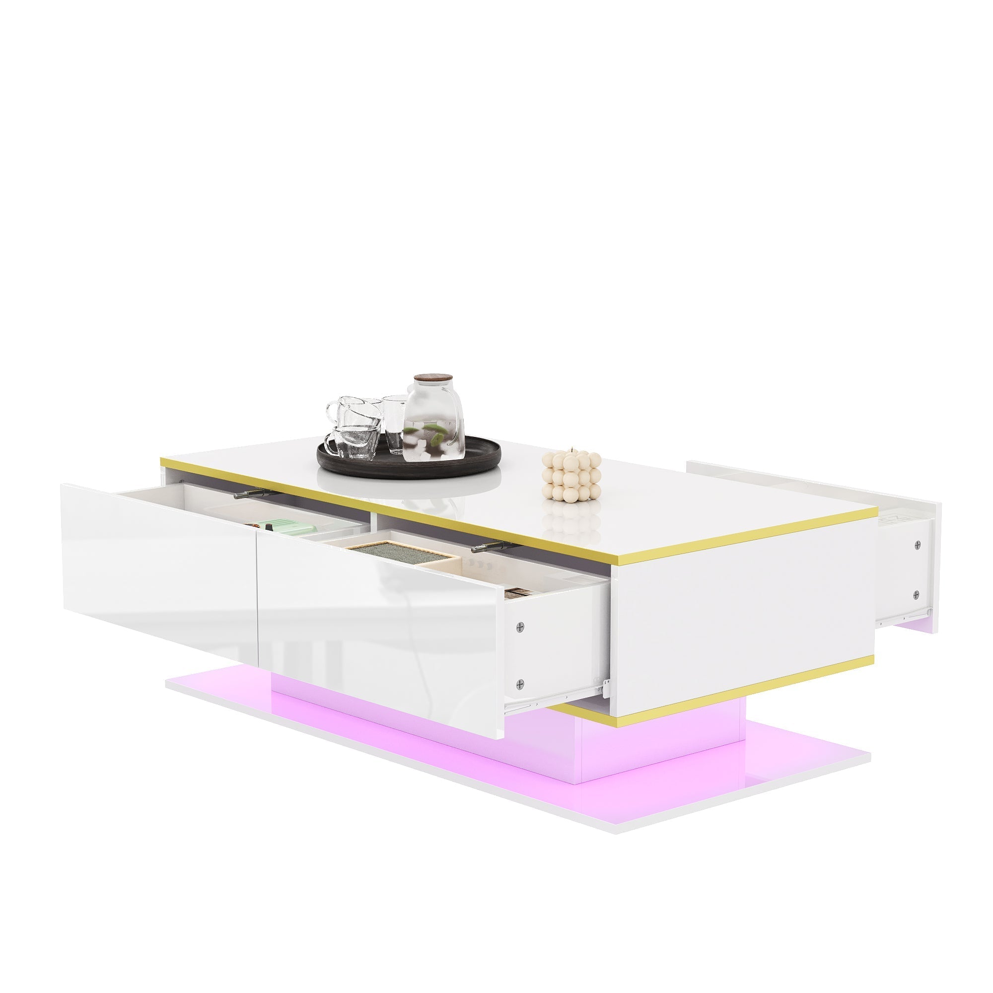 Modern LED Coffee Table 100cm High-Gloss 3 Drawers USB Gold Trim