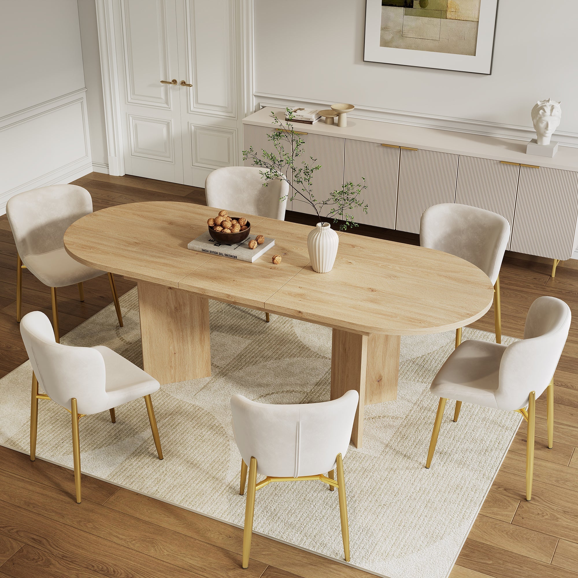 Extendable Dining Table Set with 6 Velvet Chairs and Rounded Corners, Beige and Oak Wood Look