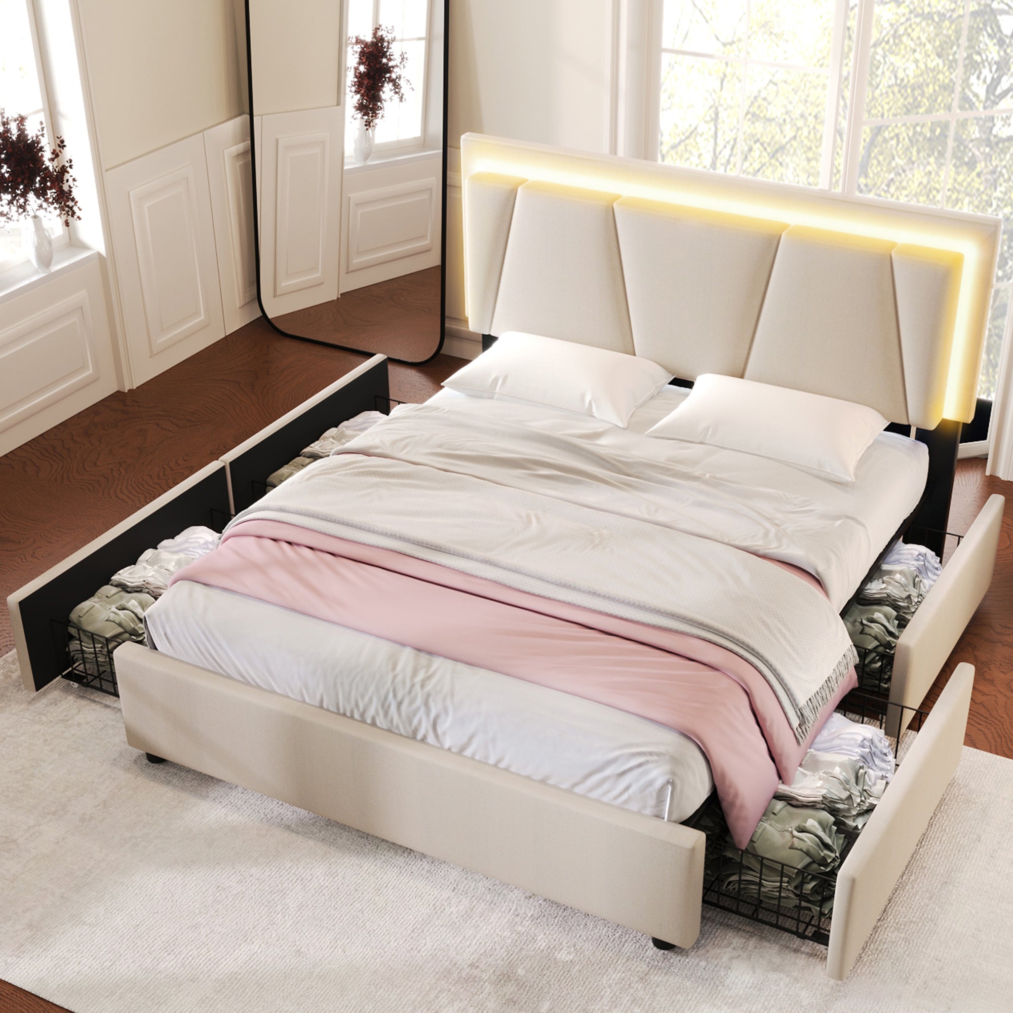 Upholstered Bed with LED Lighting, 4 Drawers and Adjustable Headboard, 160x200cm, Beige