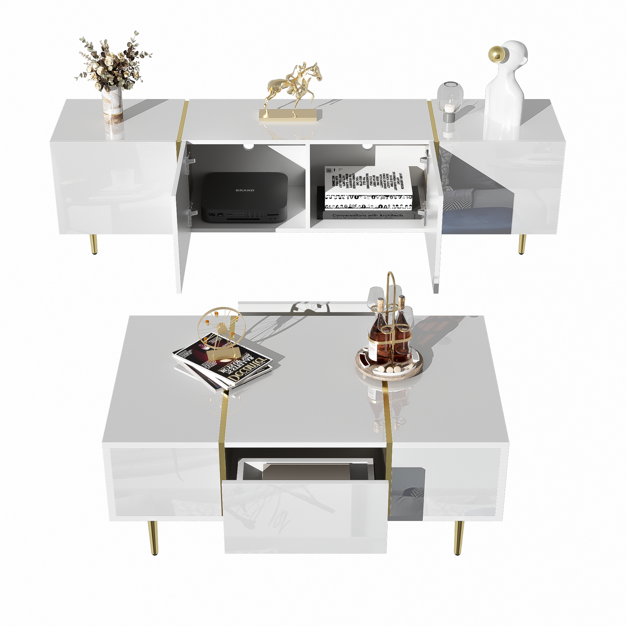 TV cabinet and coffee table set, modern high-gloss white