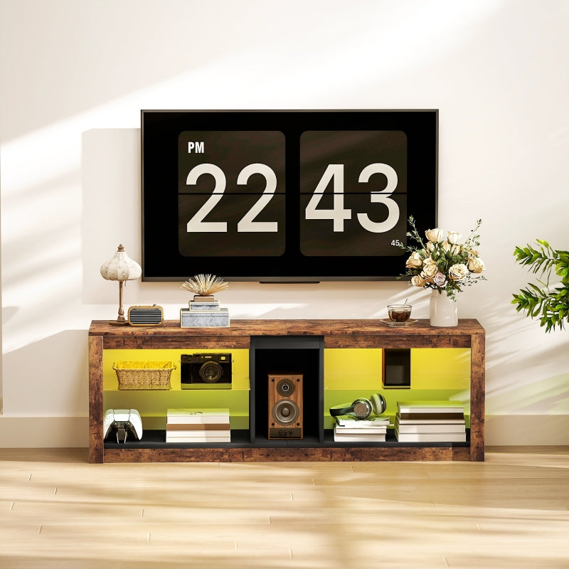 TV Stand Cabinet, LED Lights, Remote Control, Storage Shelves, Rustic Brown
