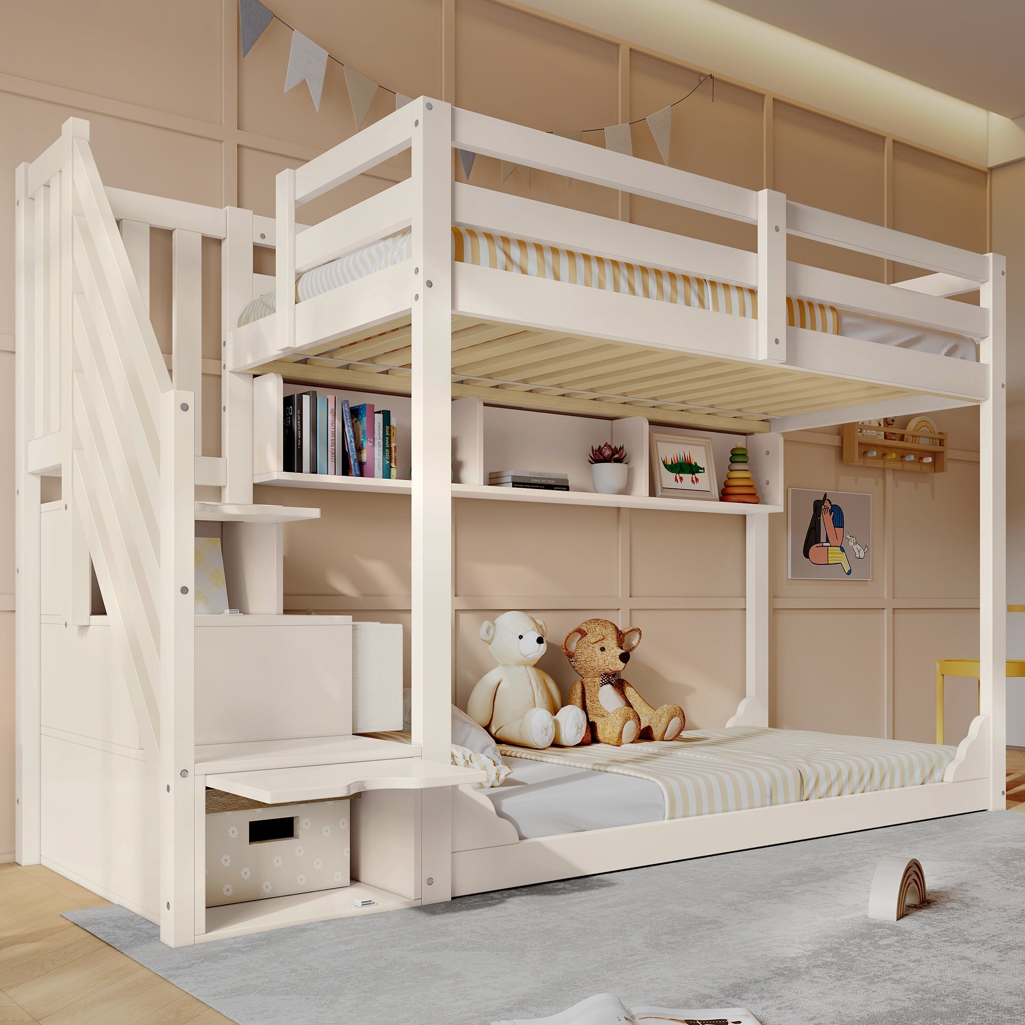 Bunk Bed 90x200cm with Staircase Storage & Safety Railing - White Wood