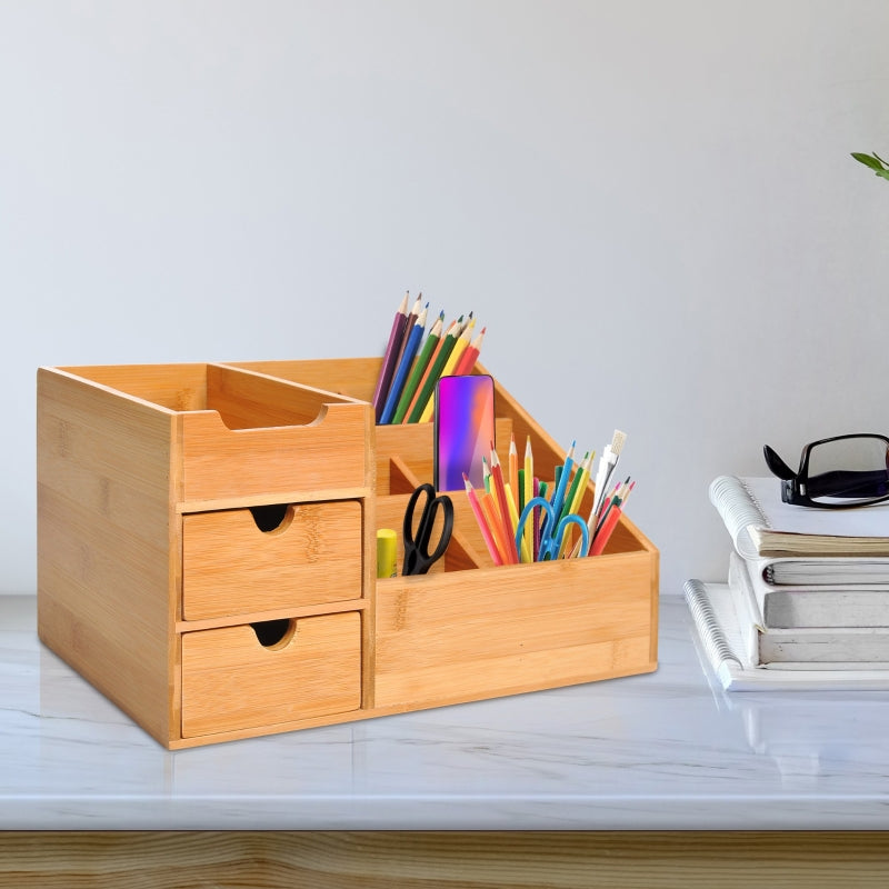 Desk Organiser Holder, Multi-Function 7 Compartments 2 Drawers Storage Caddy, Natural Bamboo