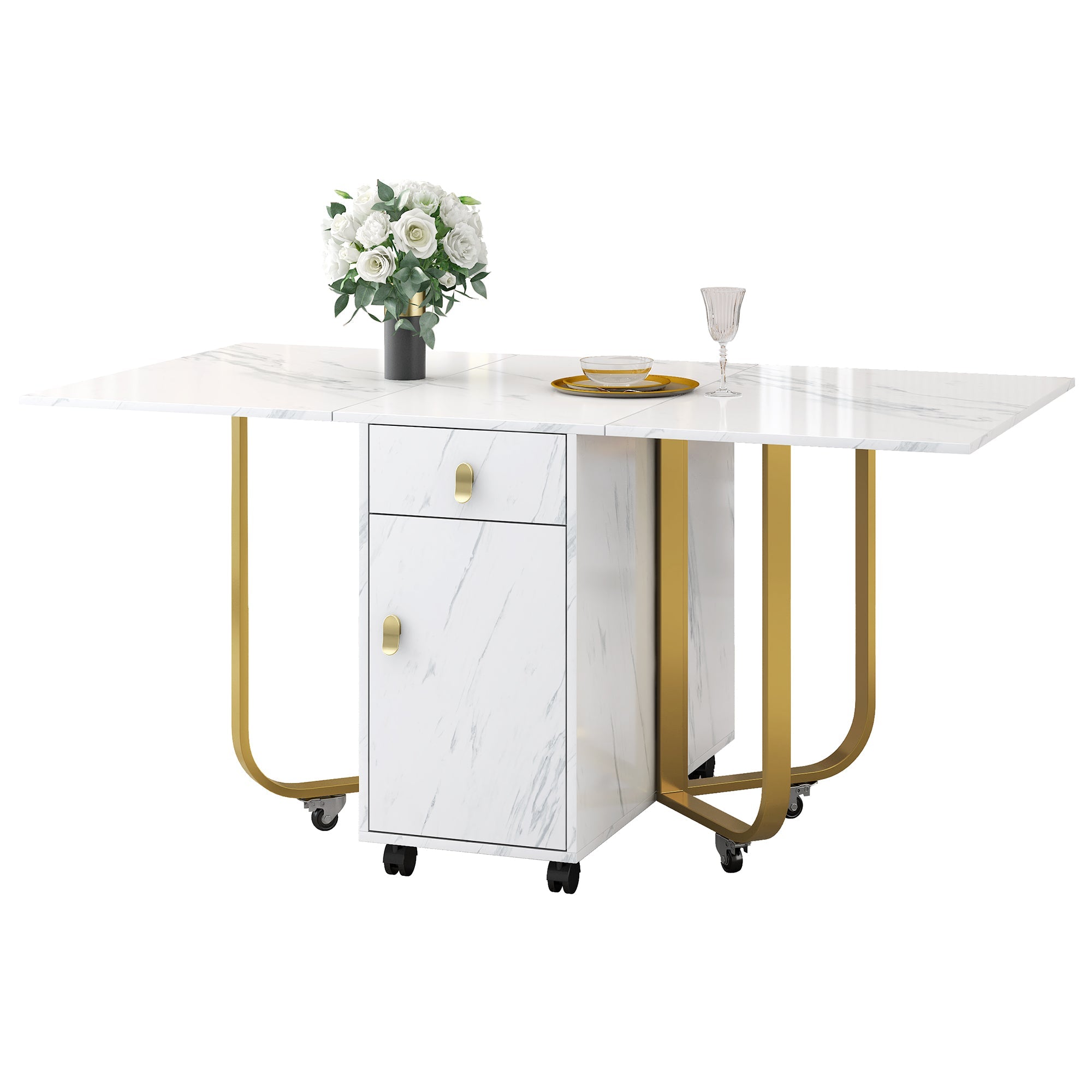 Folding Dining Table, Cabinet & 2 Drawers, Space-Saving, White/Gold