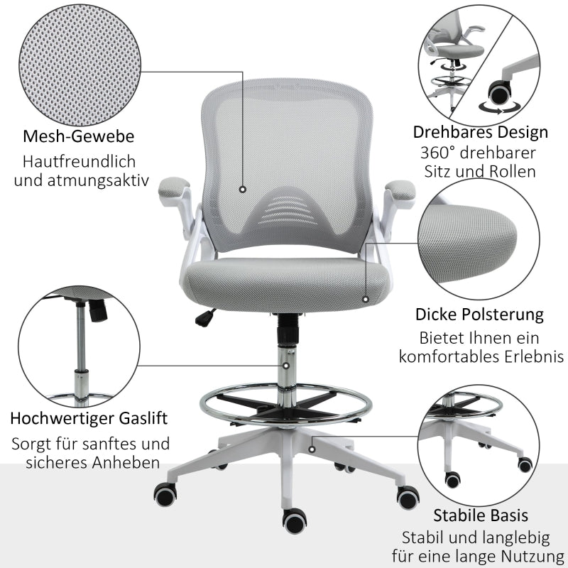 Vinsetto Office Chair, Ergonomic Desk with Folding Armrests, Adjustable Footrest, Swivel, Mesh Light Grey
