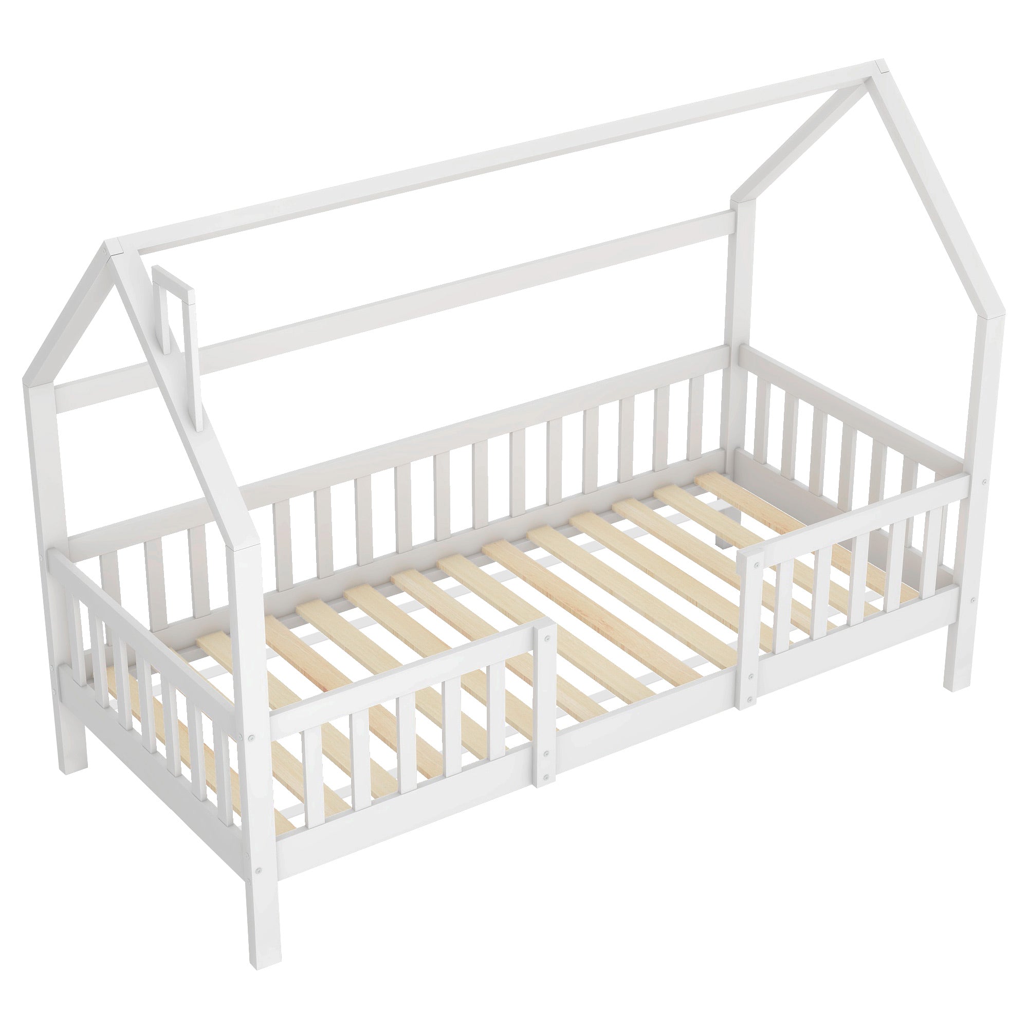 House Bed 90x200cm Chimney Slatted Base - White Pine Wood