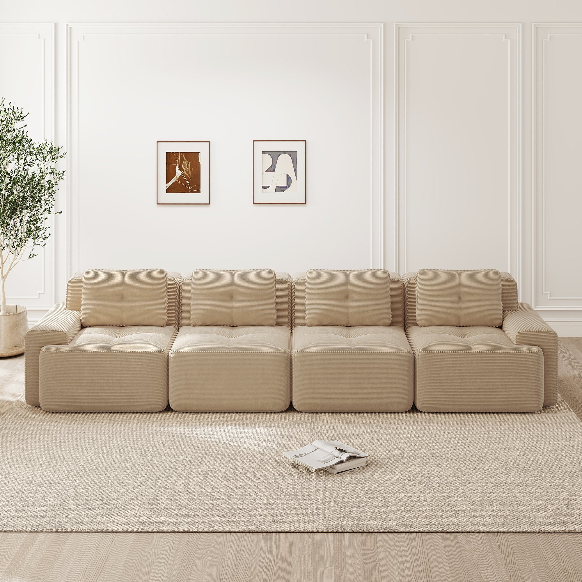 Boneless Sofa Modular 4-Seater Deep Seat Assembly-Free Corduroy Beige