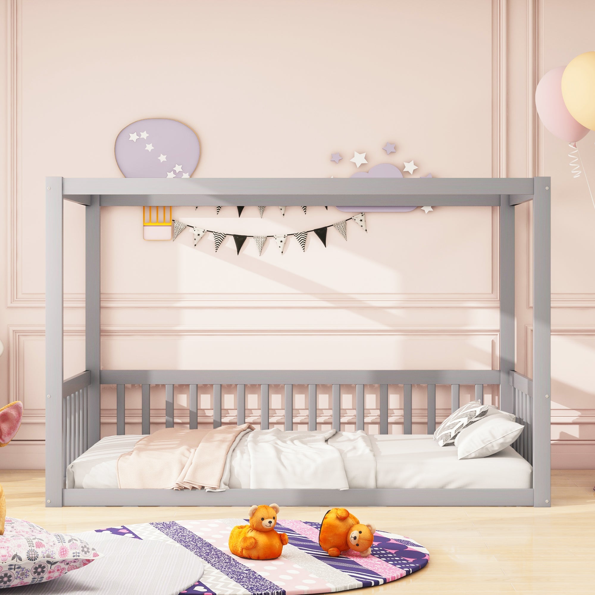 Children's Canopy Bed - 90 x 200 cm, Solid Wood Frame, Grey