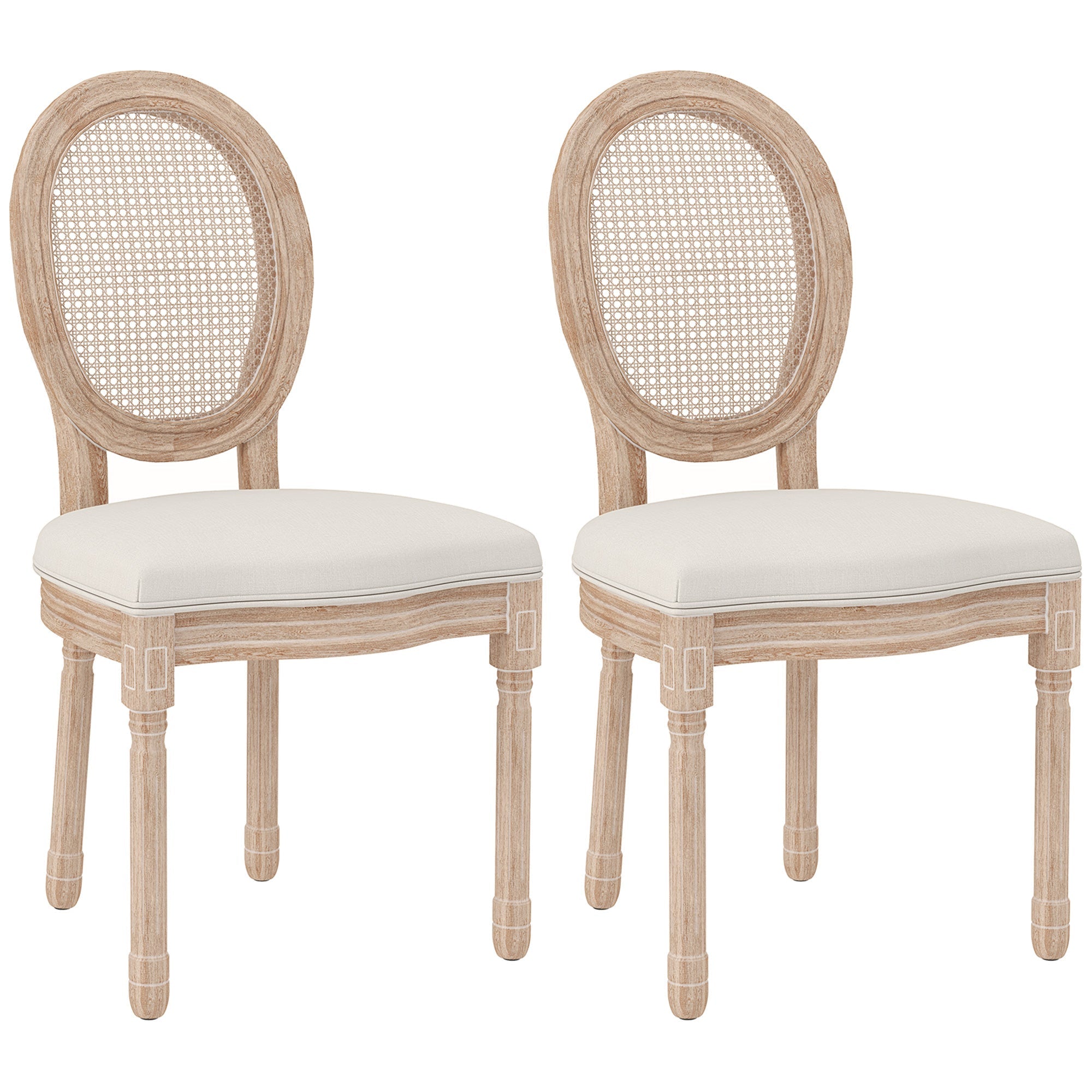Dining Chairs, Set of 2 Kitchen Backrest Wooden Legs, Linen Rattan Look Cream White