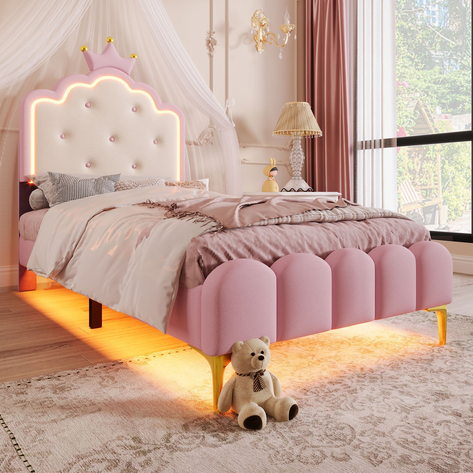 Upholstered Bed Princess Shape 90x200cm Ambient Light Pink PU Material