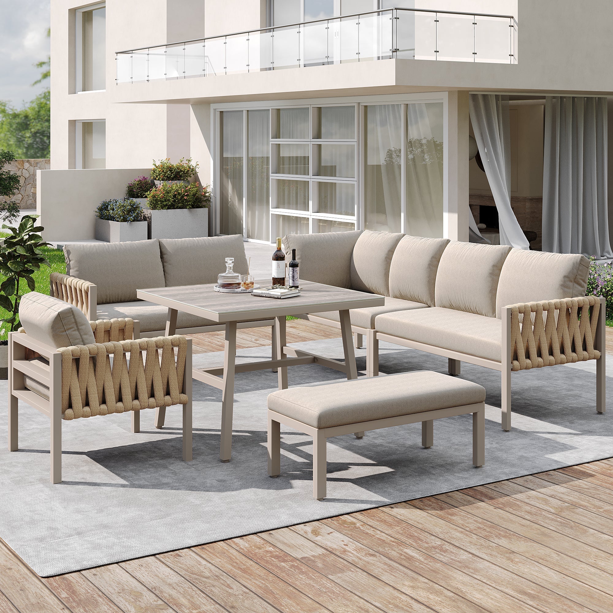 Rope Garden Furniture Set Corner Sofa Adjustable Legs Tempered Glass Beige