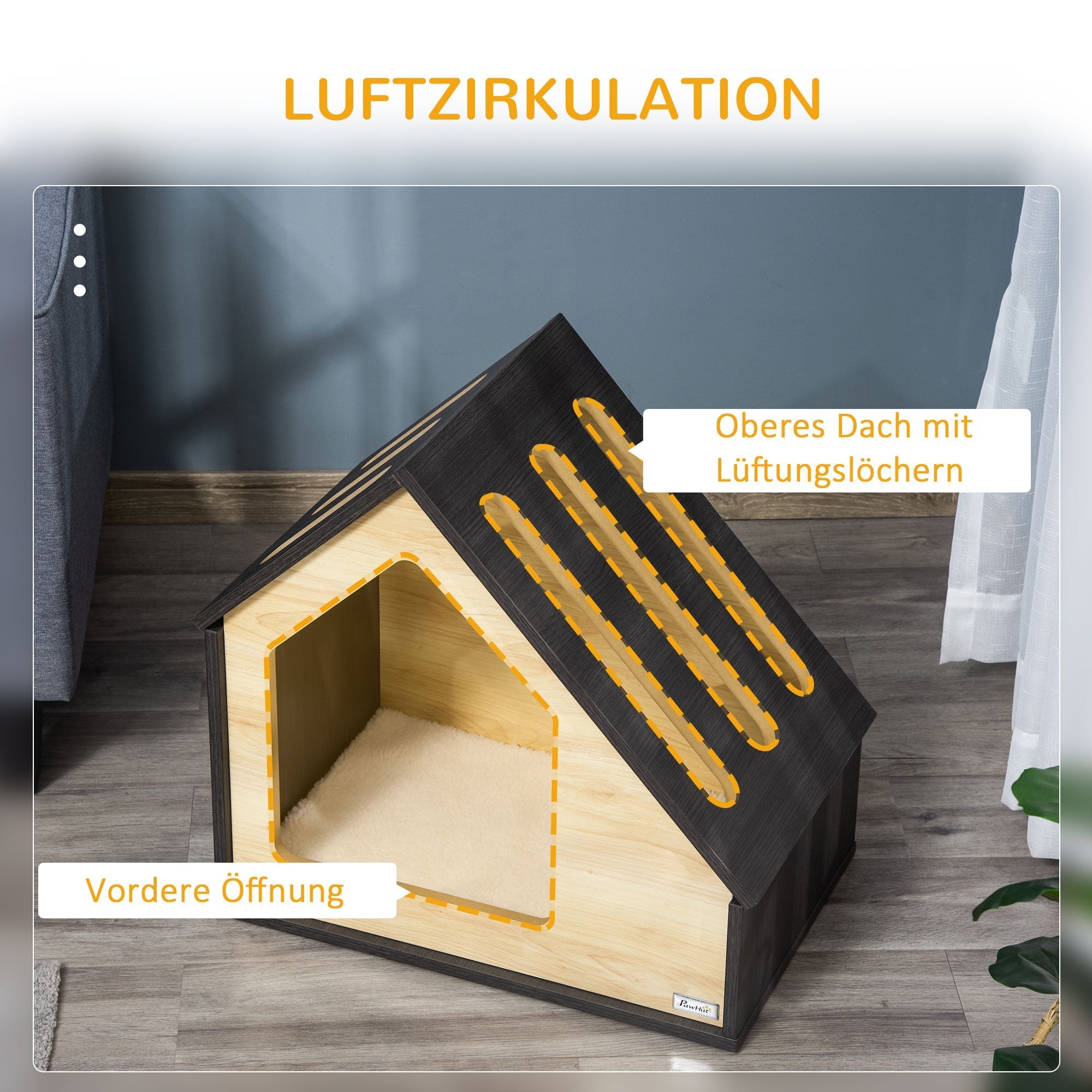Hundehütte aus Holz, Katzenhöhle, Hundeschlafplatz, Kuschelkissen, 60 x 40 x 59,2 cm, Holz