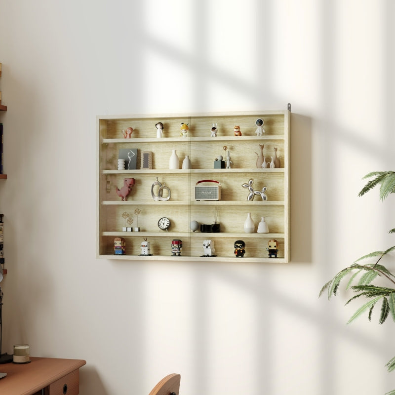 5-Tier Wall Display Cabinet with 4 Adjustable Shelves and Glass Doors, Oak