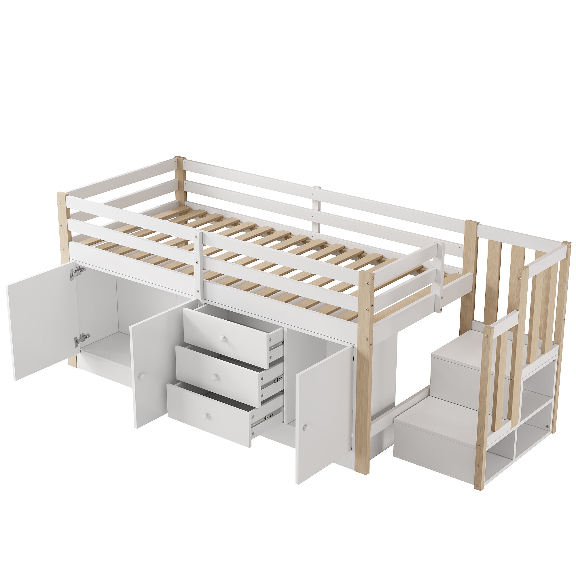 Multifunctional Children's Loft Bed 90x200cm with Stairs Drawers & Storage Cabinets - White
