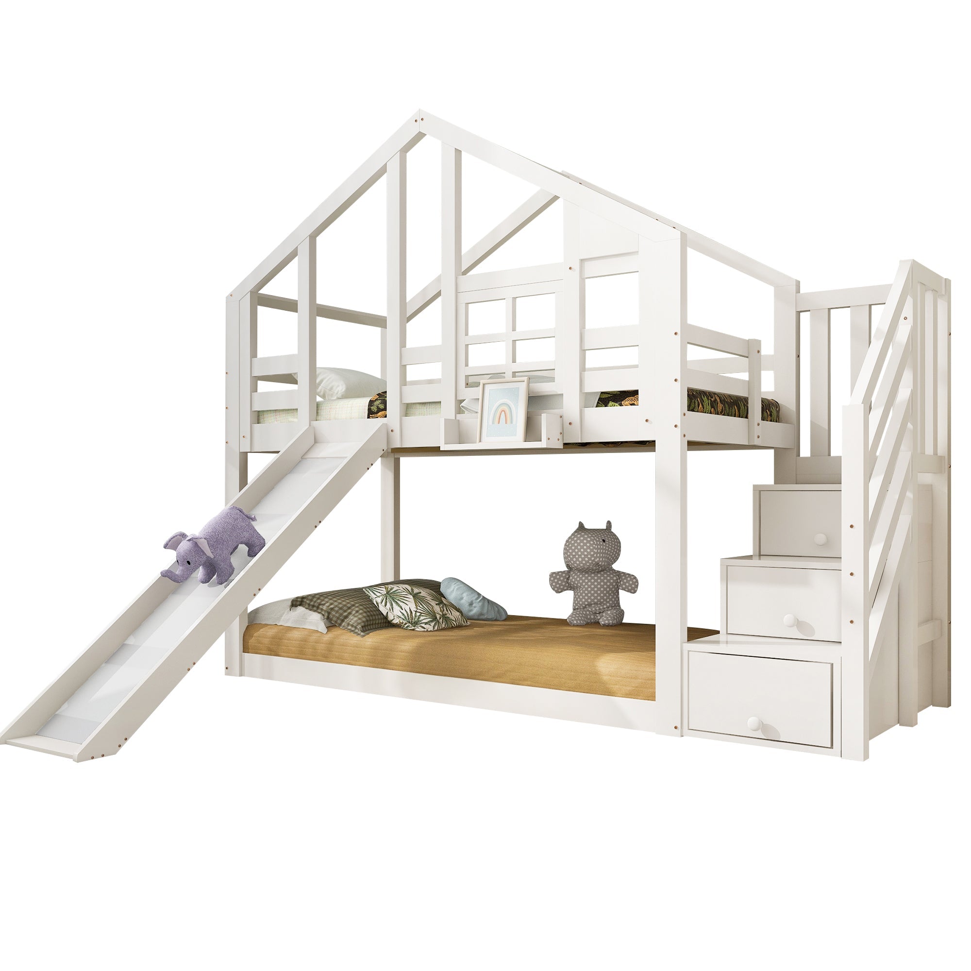 Children's Bed Tree House 90x200cm, Bunk Bed with Slide & Fall Protection, White