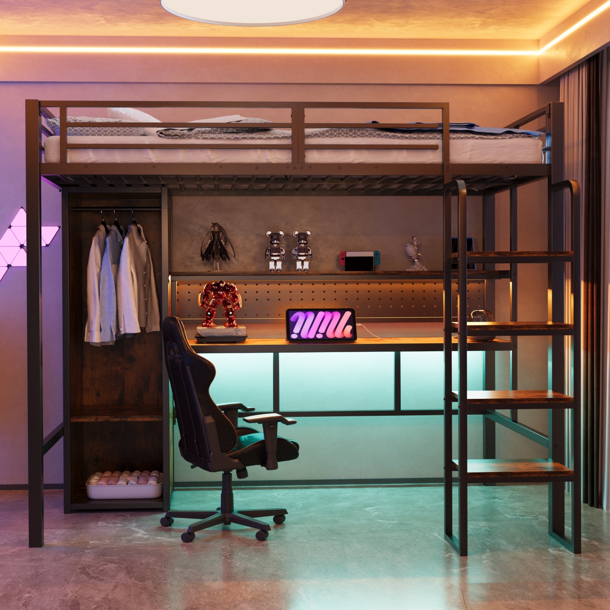 Metal Loft Bed with Large Desk, Wardrobe and LED Light Strip, Black