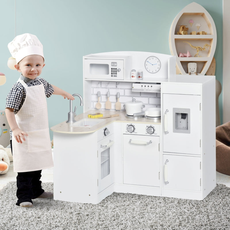 Kids Play Kitchen: Wooden Toy Cooking Set with Drinking Fountain, Microwave, Fridge - White