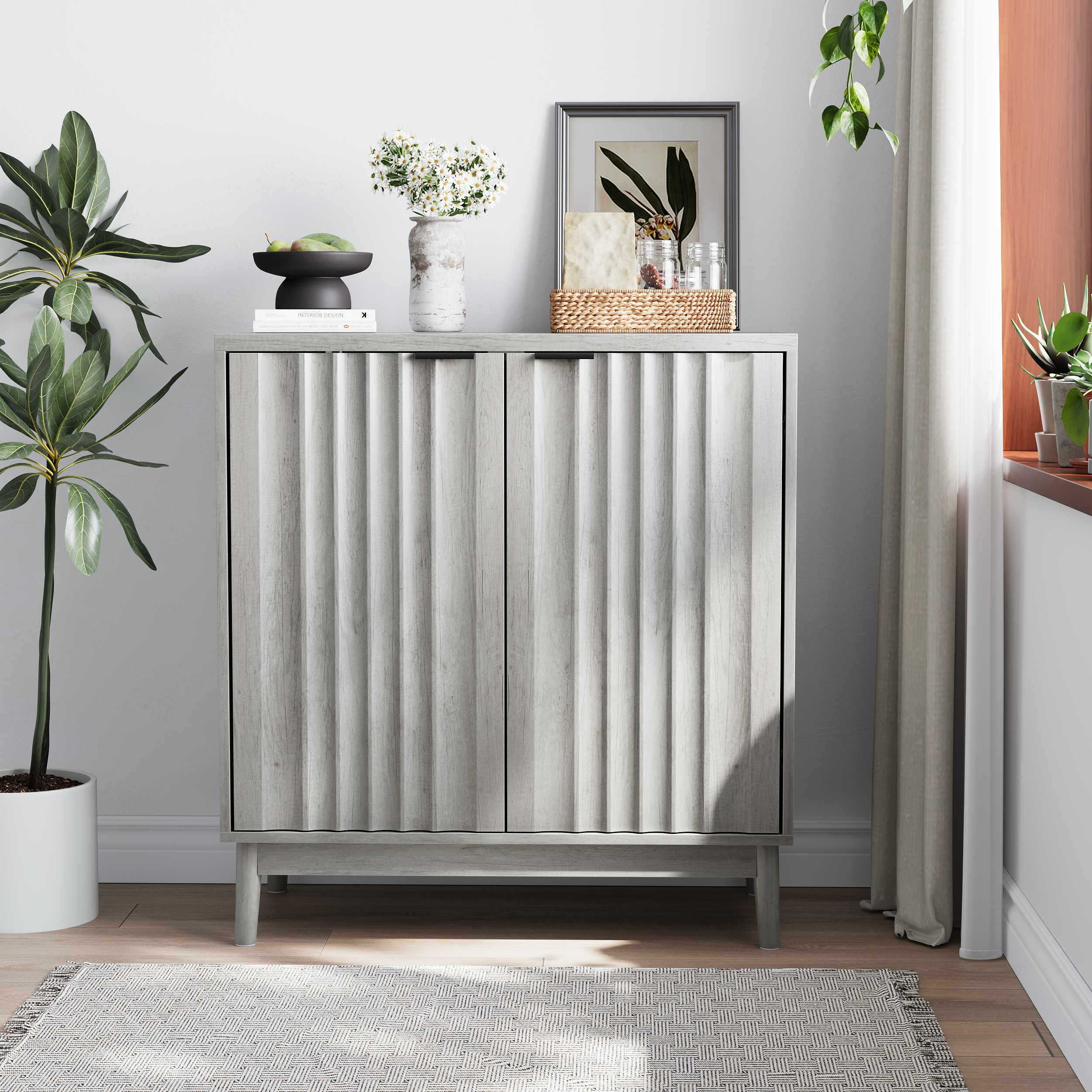 Grooved Edge Cabinet, Independent Wash Buffet with Adjustable Shelves, Wooden, Gray