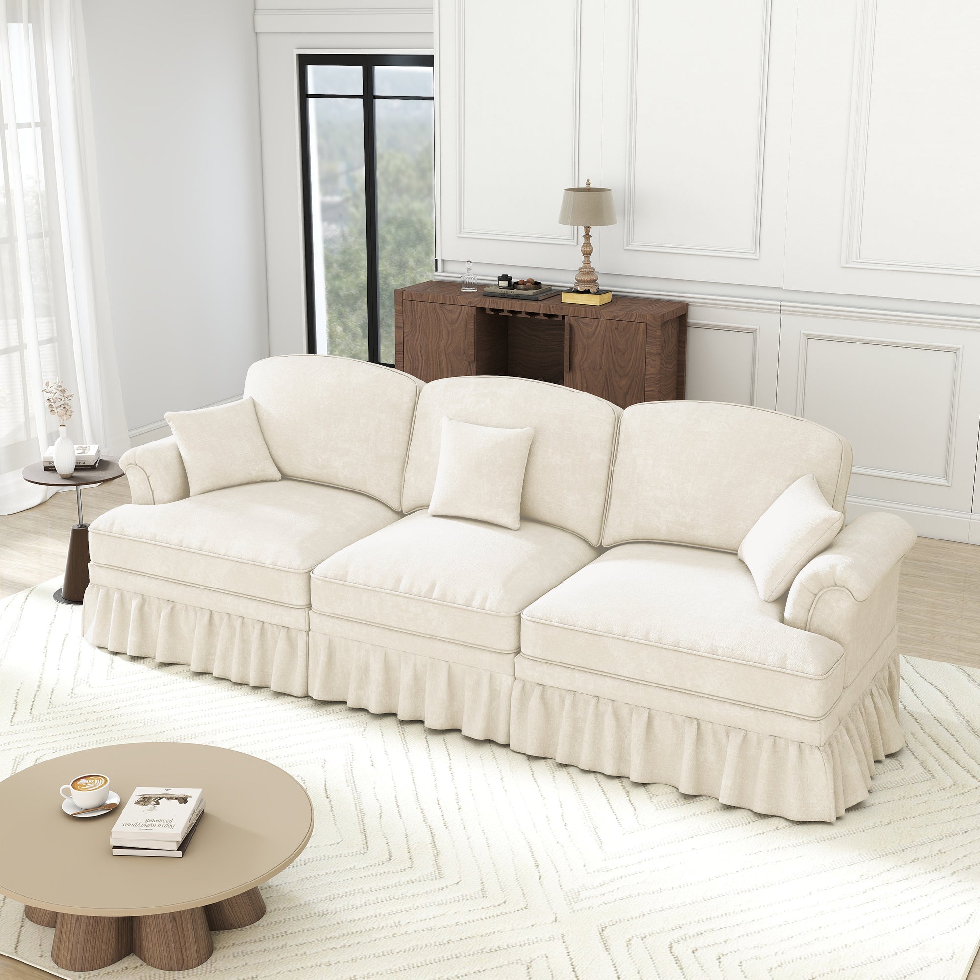 Mid-Century Sofa 3-Seater Funnel Armrests Ruffled Apron Chenille White