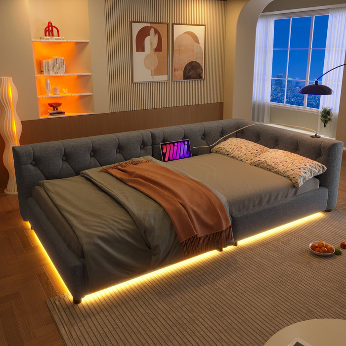 Sofa Daybed 90x200cm LED Light USB/Type-C Tufted Headboard - Linen Grey
