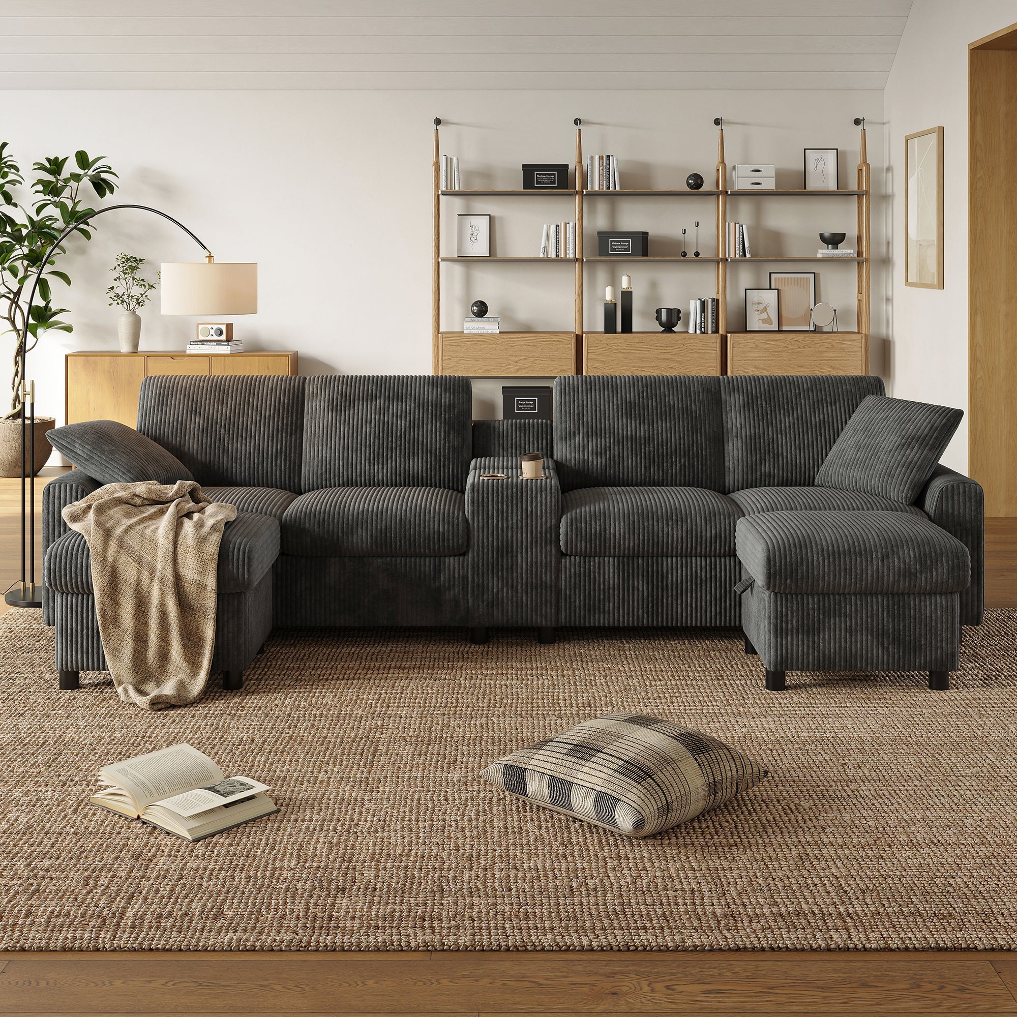 U-shaped Sofa with Storage Footstools Coffee Table USB Power Corduroy Grey