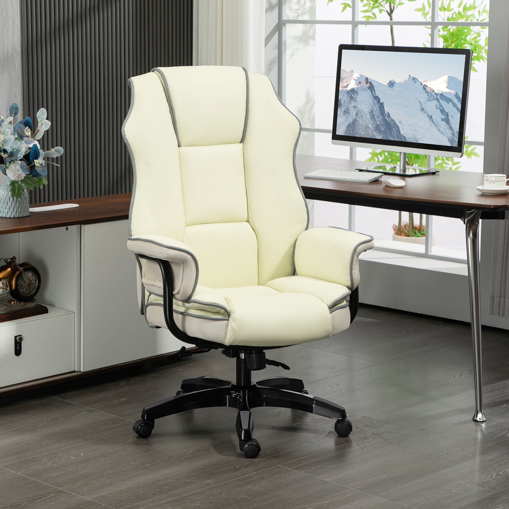 Bürostuhl, ergonomisch verstellbar mit Liegefunktion, Cremefarben