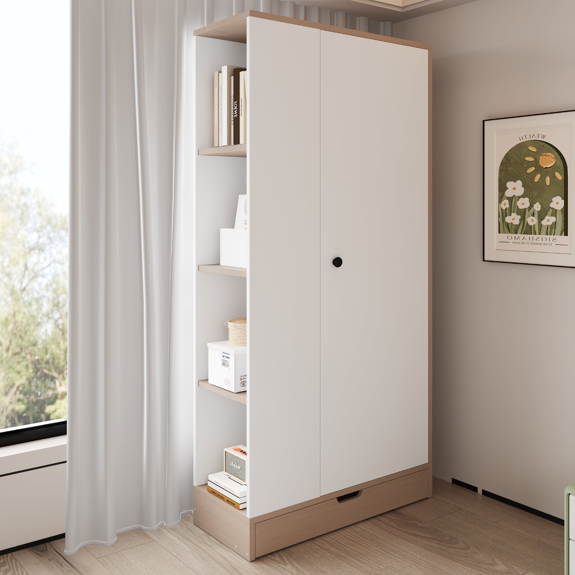 Wardrobe 70x40x170cm Single Door with Shelves and Drawers, Natural Wood/White