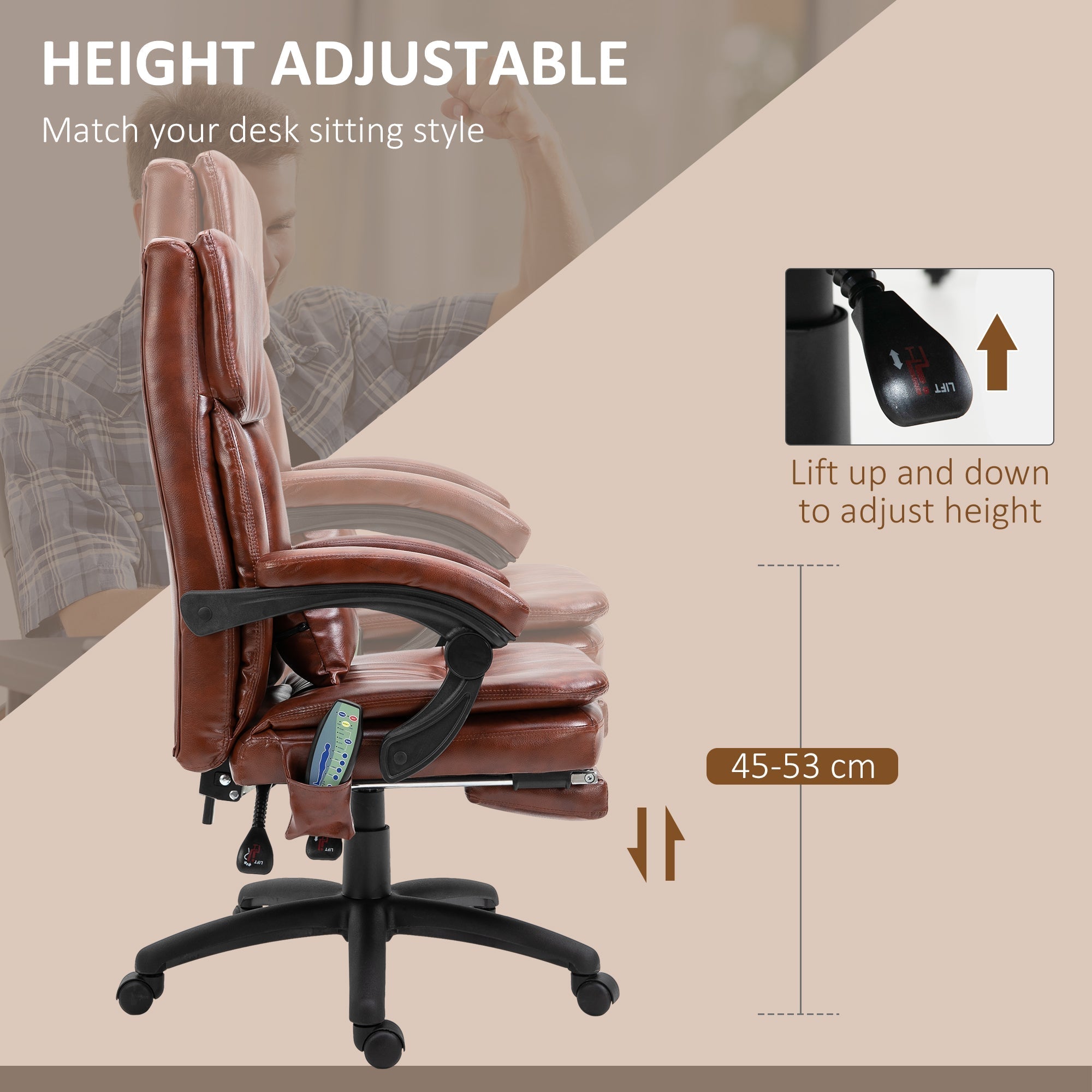 PU Leather Office Chair 7 Point Vibrating Massage Footrest Adjustable Reclining Back Brown