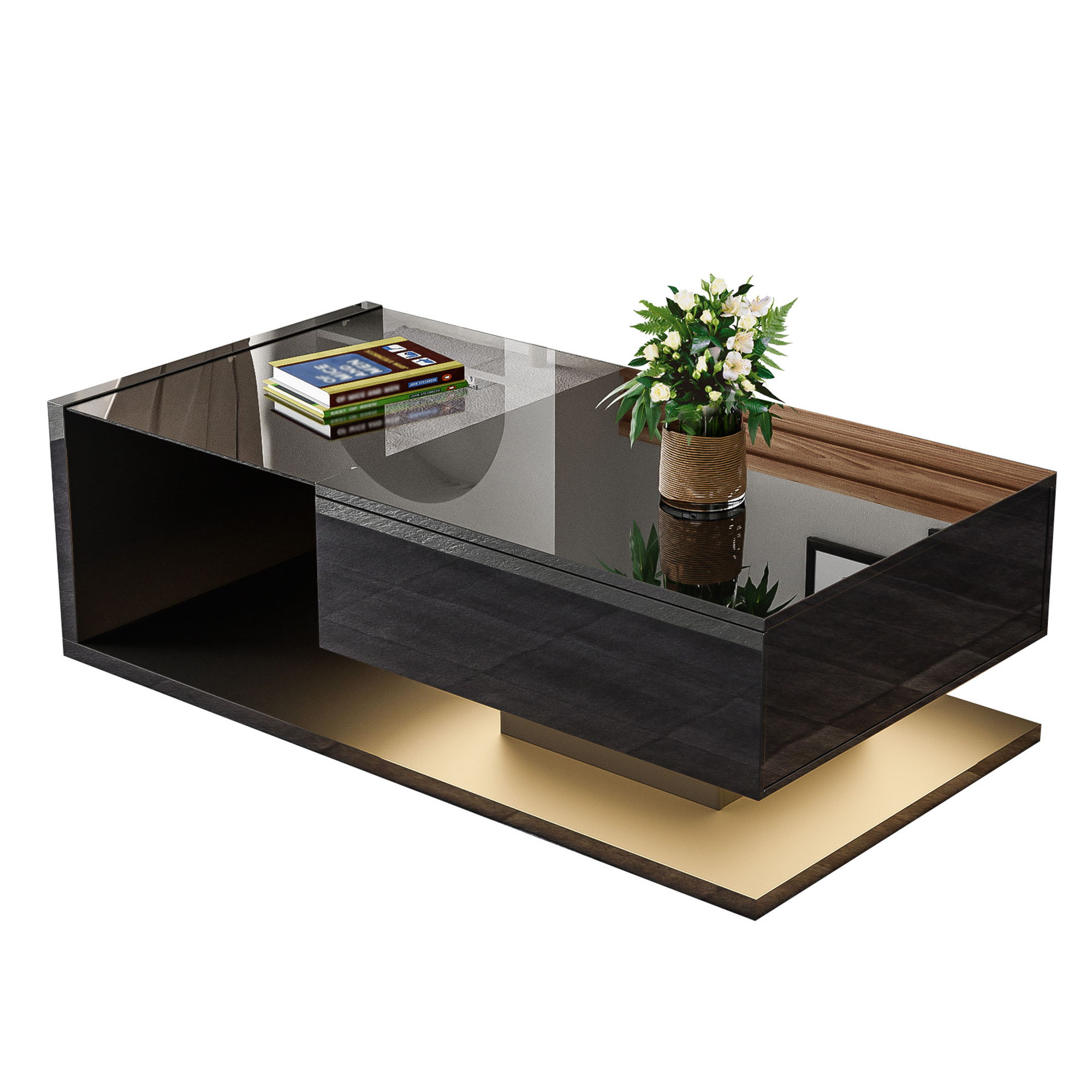 Coffee Table, High-Gloss Black with Push-Pull Storage