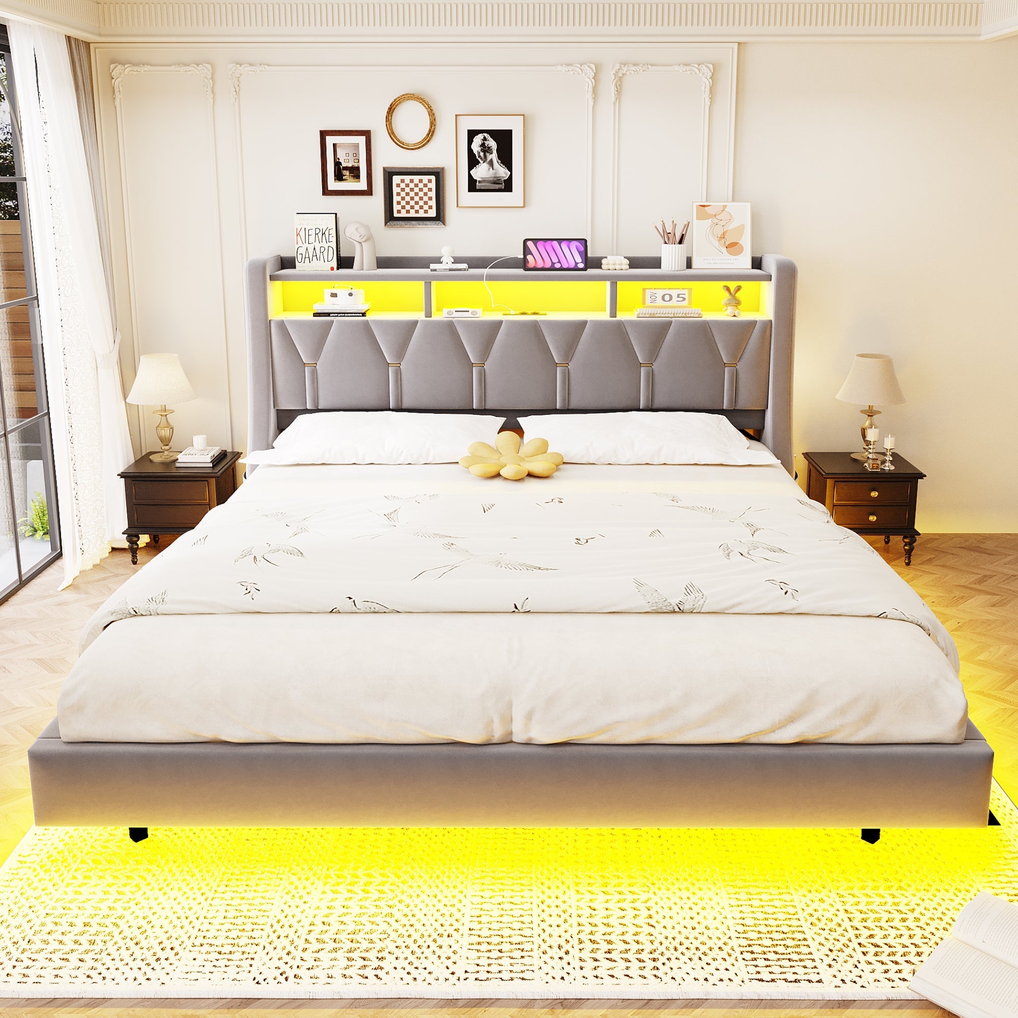 Upholstered Bed 180x200cm Hydraulic Storage Headboard with LED Socket Floating Design Light Grey Velvet