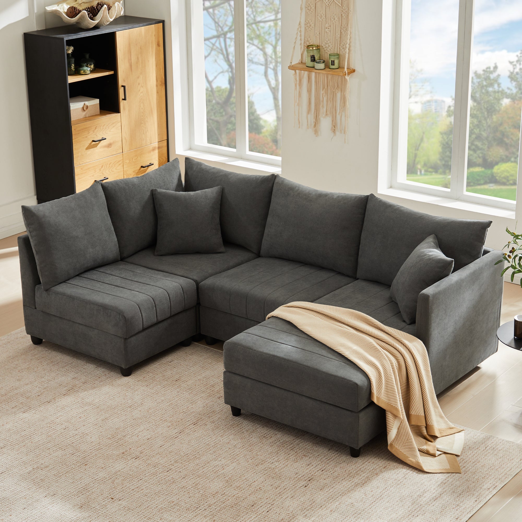 Modern Modular Corner Sofa, 5-Seater with Convertible Footstool, Cotton and Linen Grey