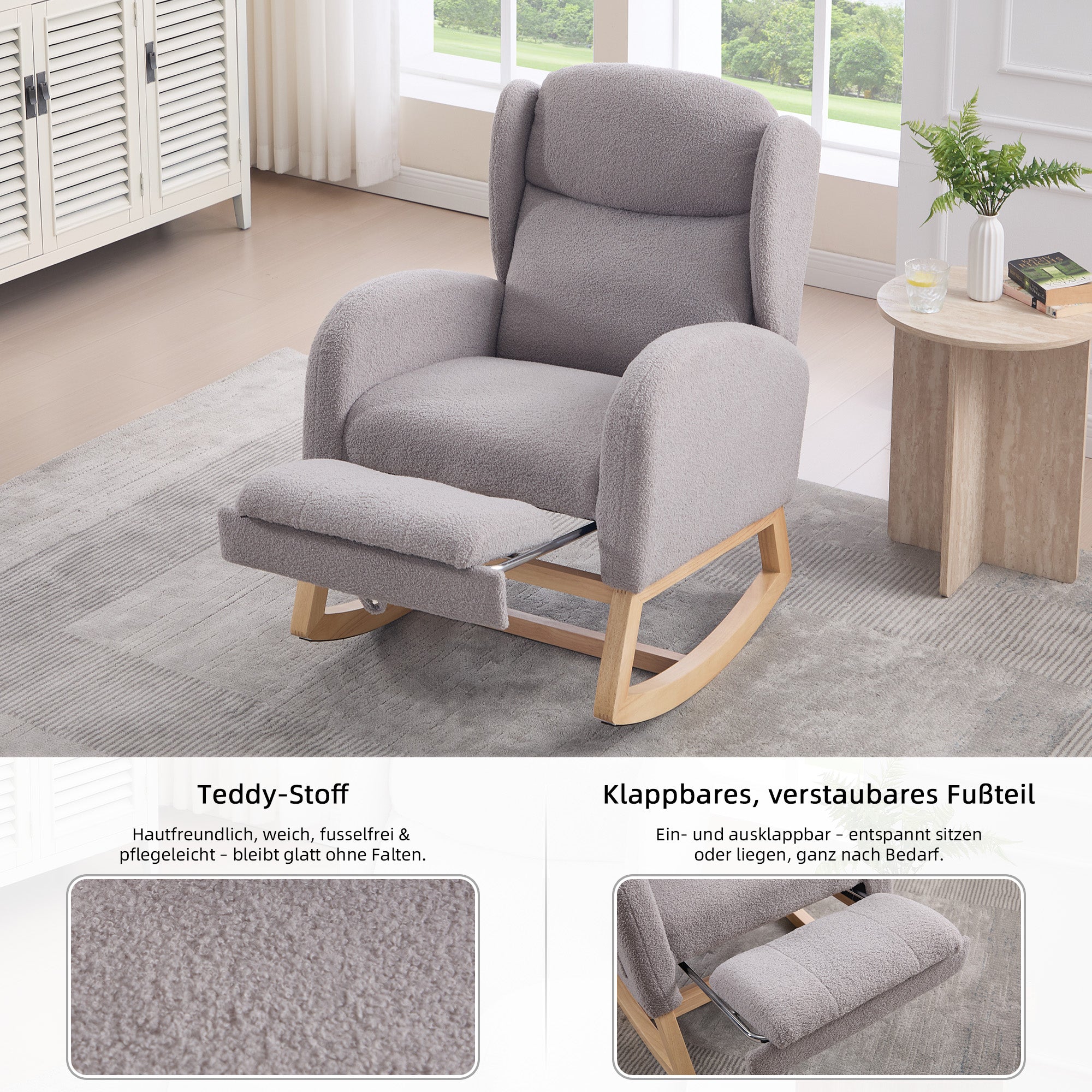 049B Rocking Chair, Nursing Lounge Chair with Adjustable Footrest, High Back, Teddy Fabric, Gray