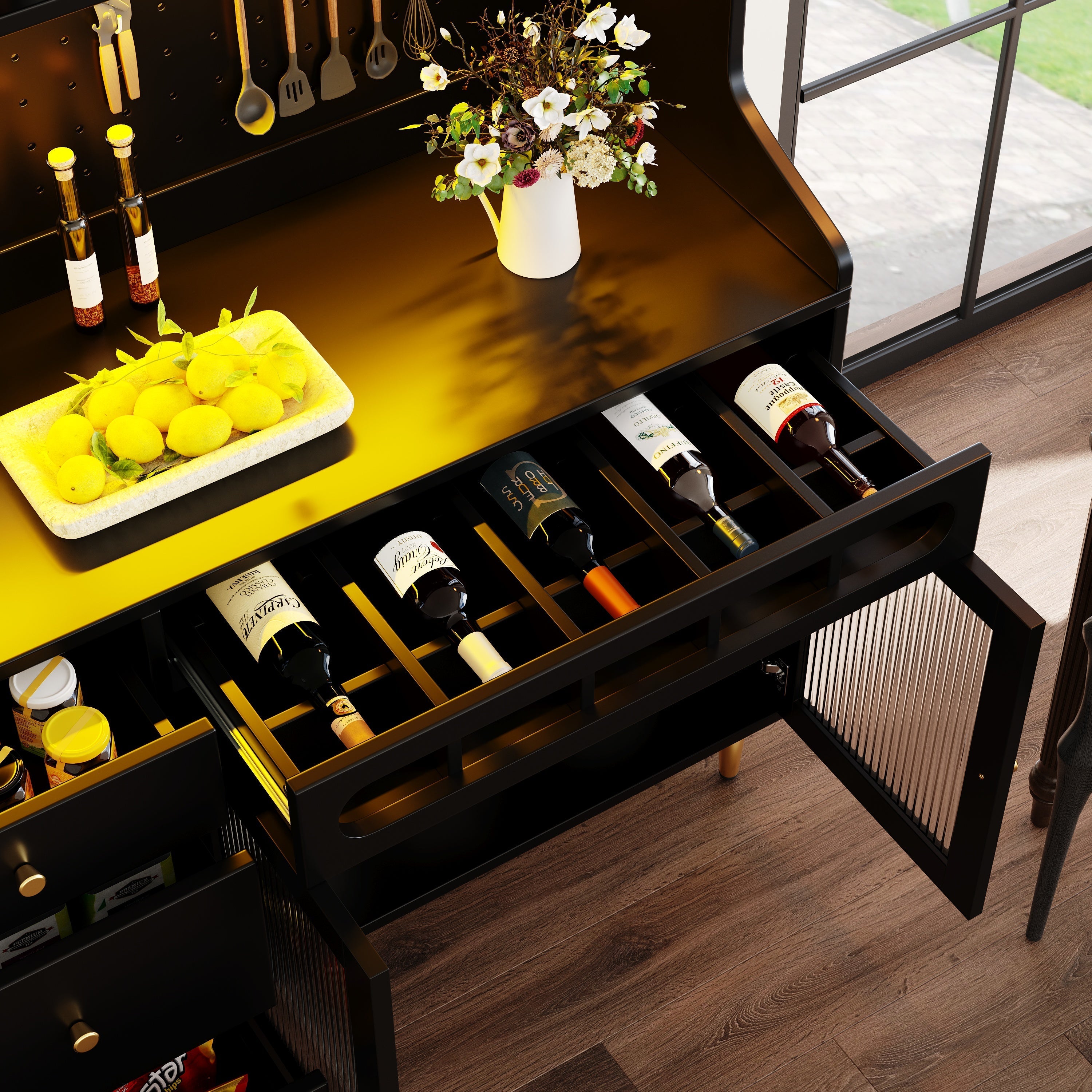 Tall Cabinet Adjustable Shelves LED Lighting Wine Rack Black