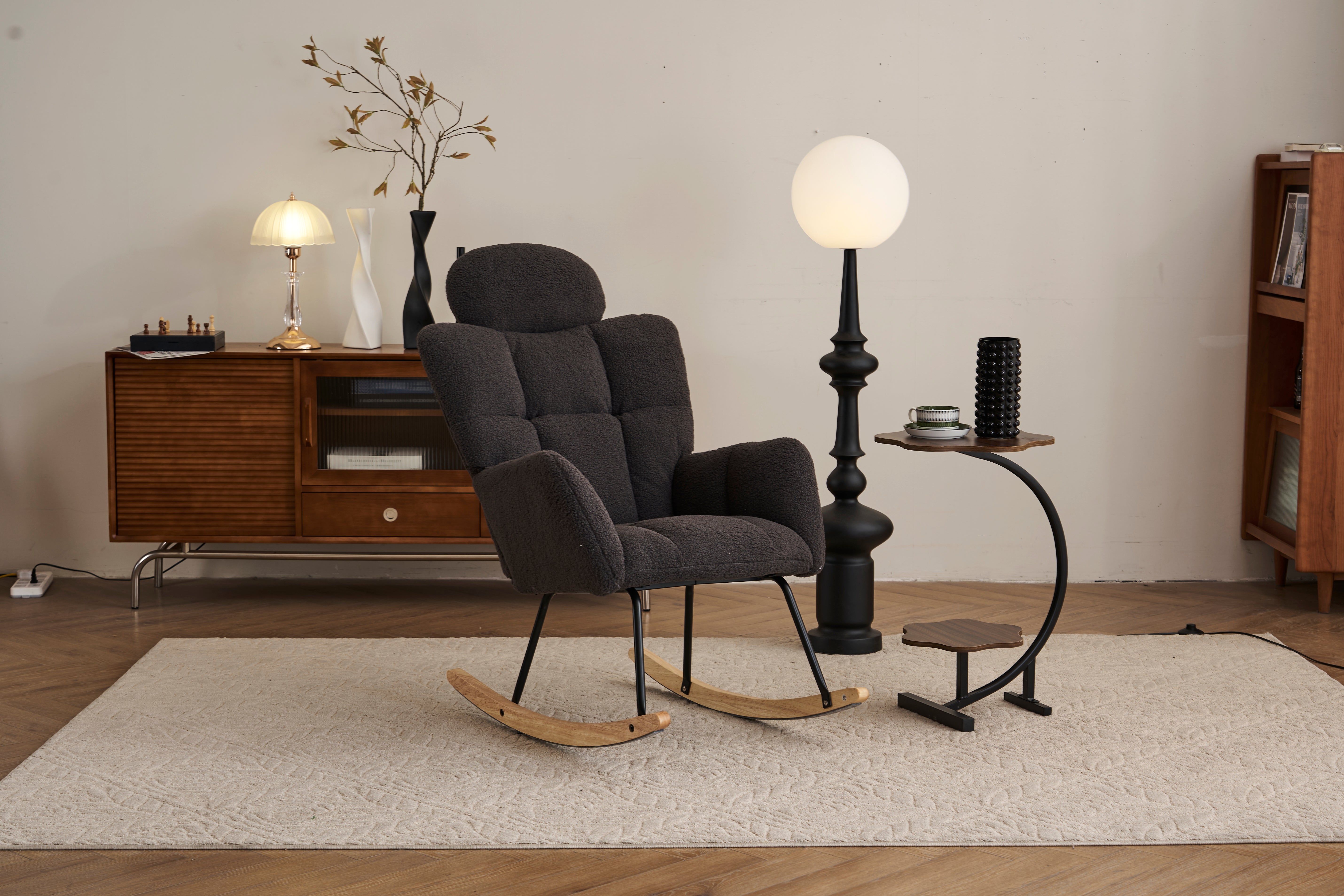 Rocking Chair, Tufted Upholstered Seat, Dark Grey Teddy Fabric