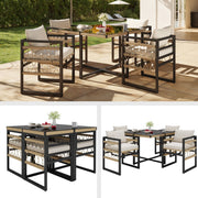 Handwoven Garden Sofa Set with Glass Table and 4 Armchairs, Beige Iron