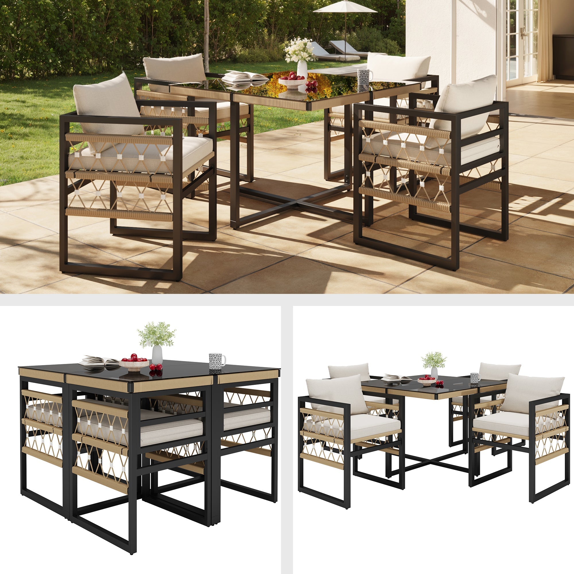 Handwoven Garden Sofa Set with Glass Table and 4 Armchairs, Beige Iron