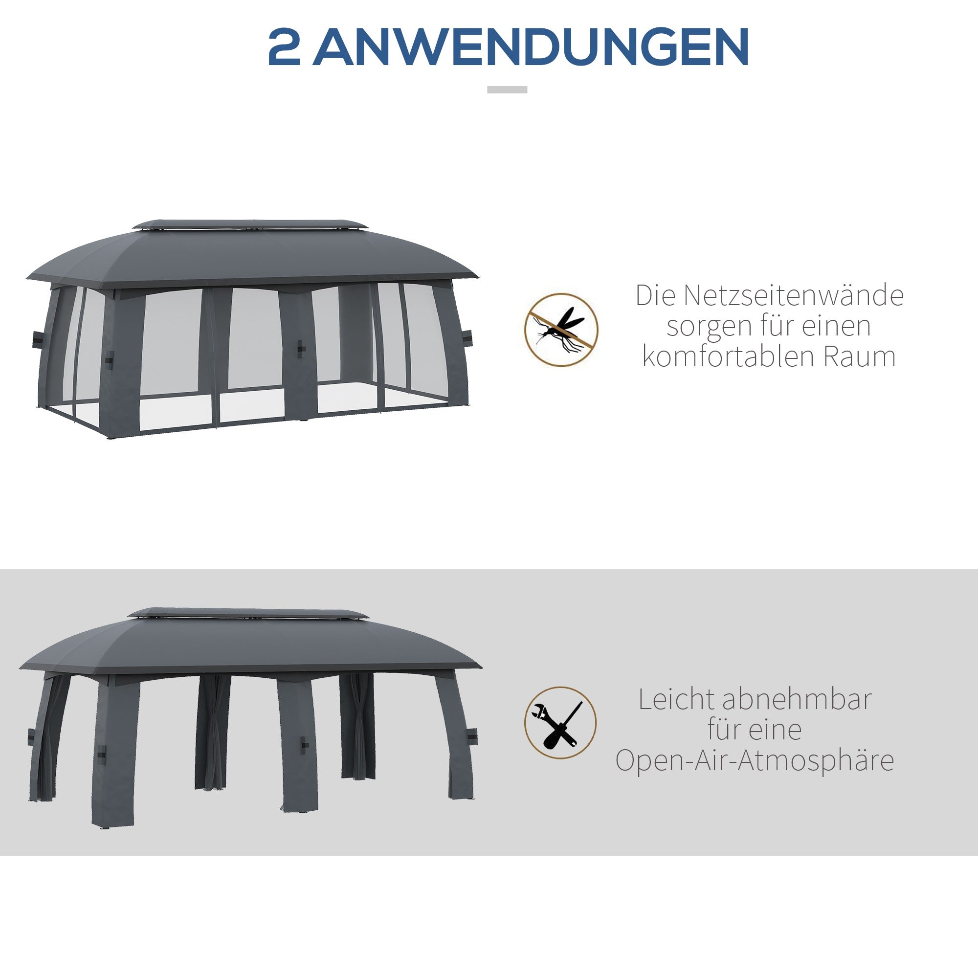 Garden Pavilion Party Tent Double Roof and Sidewalls Fly Nets Galvanized Metal Dark Grey