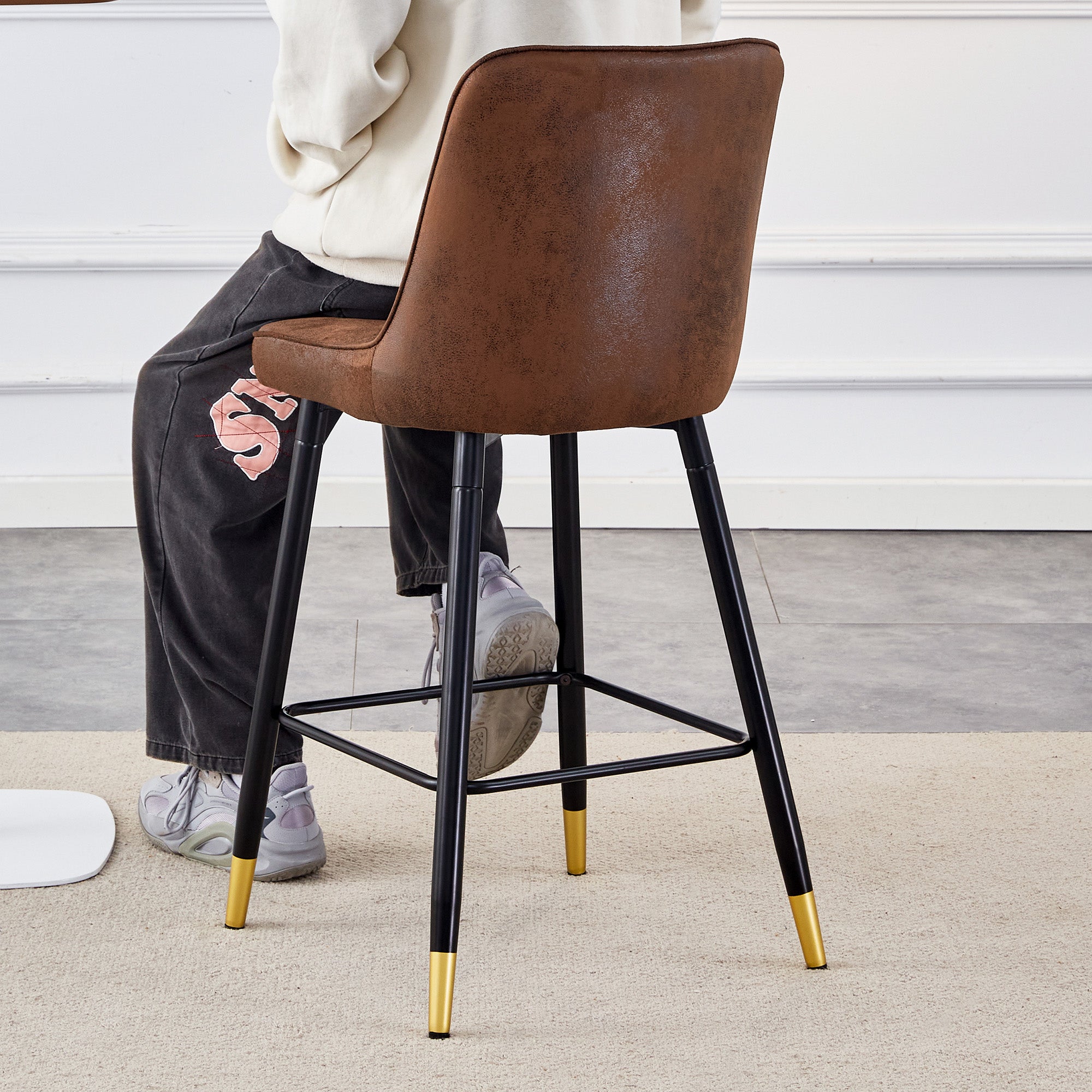 Set of 2 Bar Stools 100cm Black Metal Frame Footrest - Brown Tech Fabric