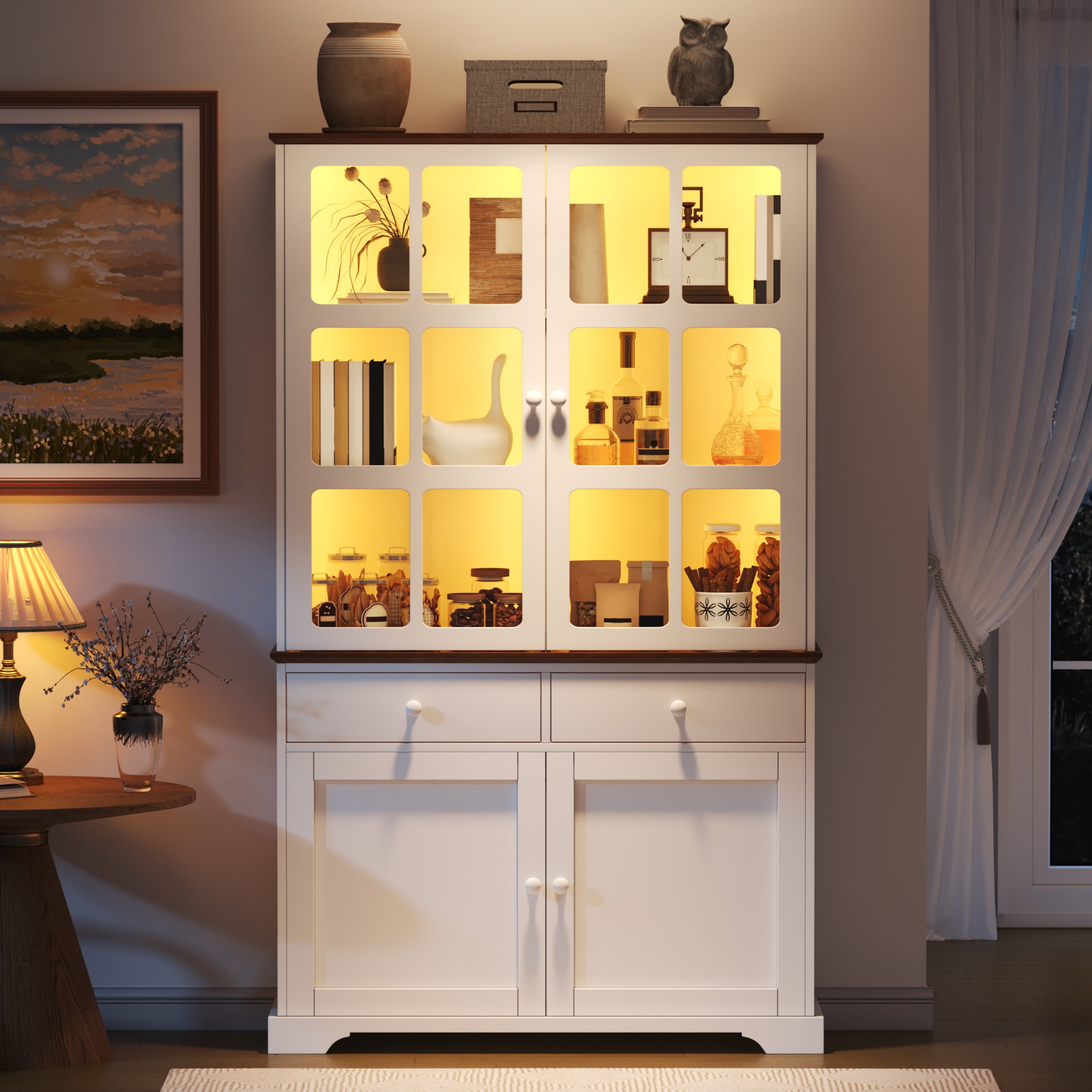 Tall Display Cabinet Glass Doors 2 Drawers LED Lighting White